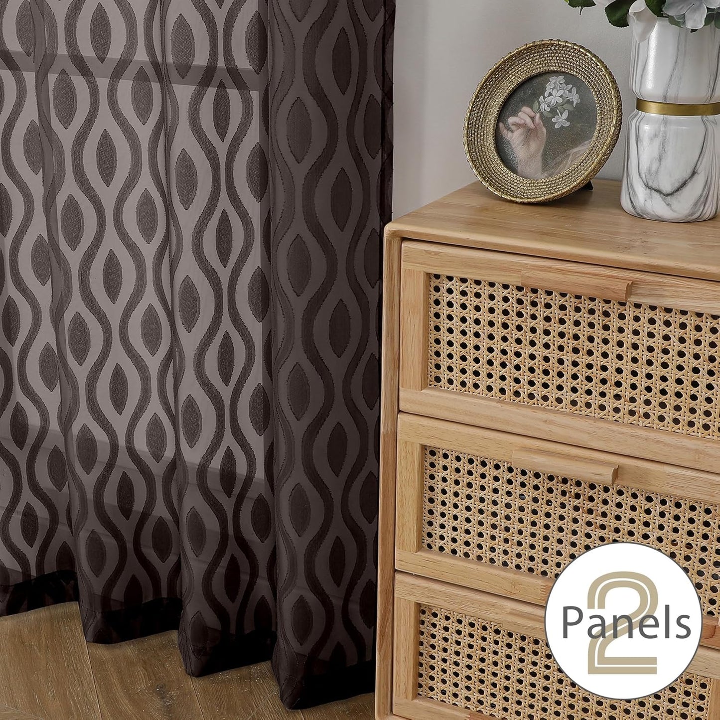 Aiyufeng Sheer Brown Curtains 54 Inch Length 2 Panels - Soft Lightweight Clip Jacquard Textured Farmhouse for Bedroom, Modern Wavy Line Voile for Living Room, 40Wx54L Inches