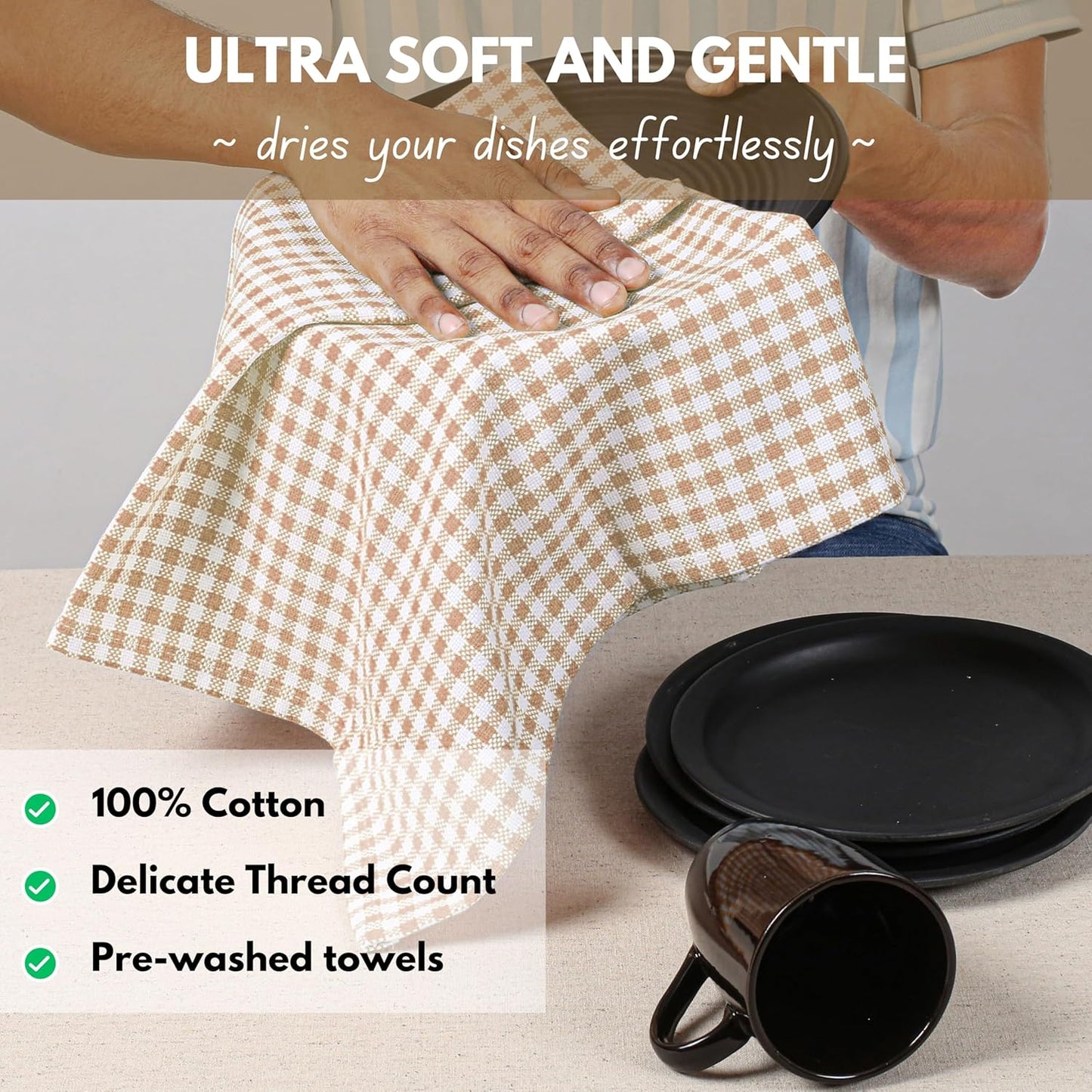 Native Fab Gingham Check Kitchen Dish Towels 16"x26" Set of 12-100% Cotton Mini Plaid Washcloths - Absorbent Dish Cloths Set, Cleaning Hand Towels with Hanging Loop - Beige White