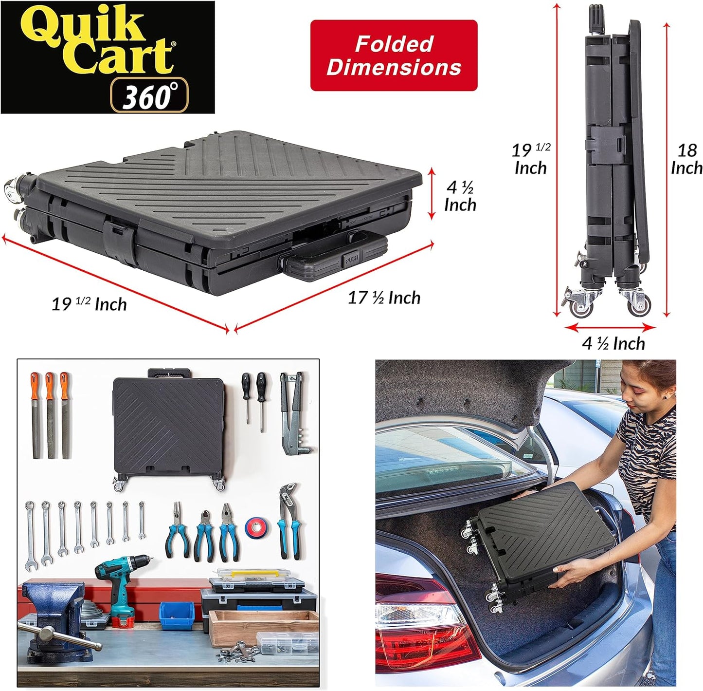 dbest products Quik Cart 360 Four Wheeled Rolling Crate Teacher Utility with seat Heavy Duty Collapsible Basket with Handle, Black