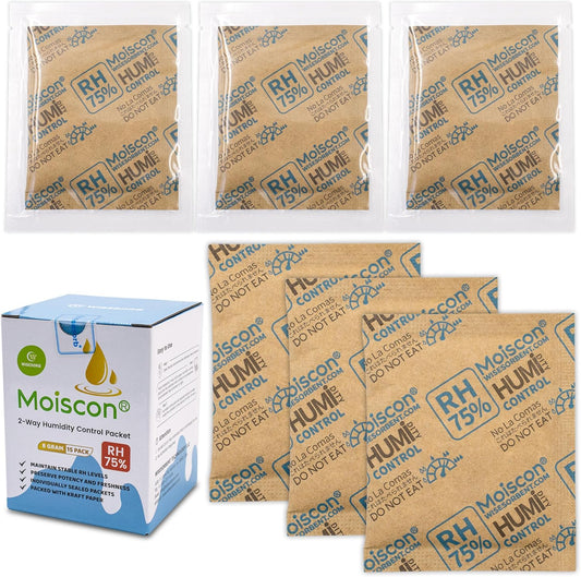 75% RH 8 Gram Two-Way Humidity Control Packs for Storing Up to 5 Items, 15 Pack Size 8 Moisture Control Packets Individually Wrapped for Small Non-Plastic Travel Cases
