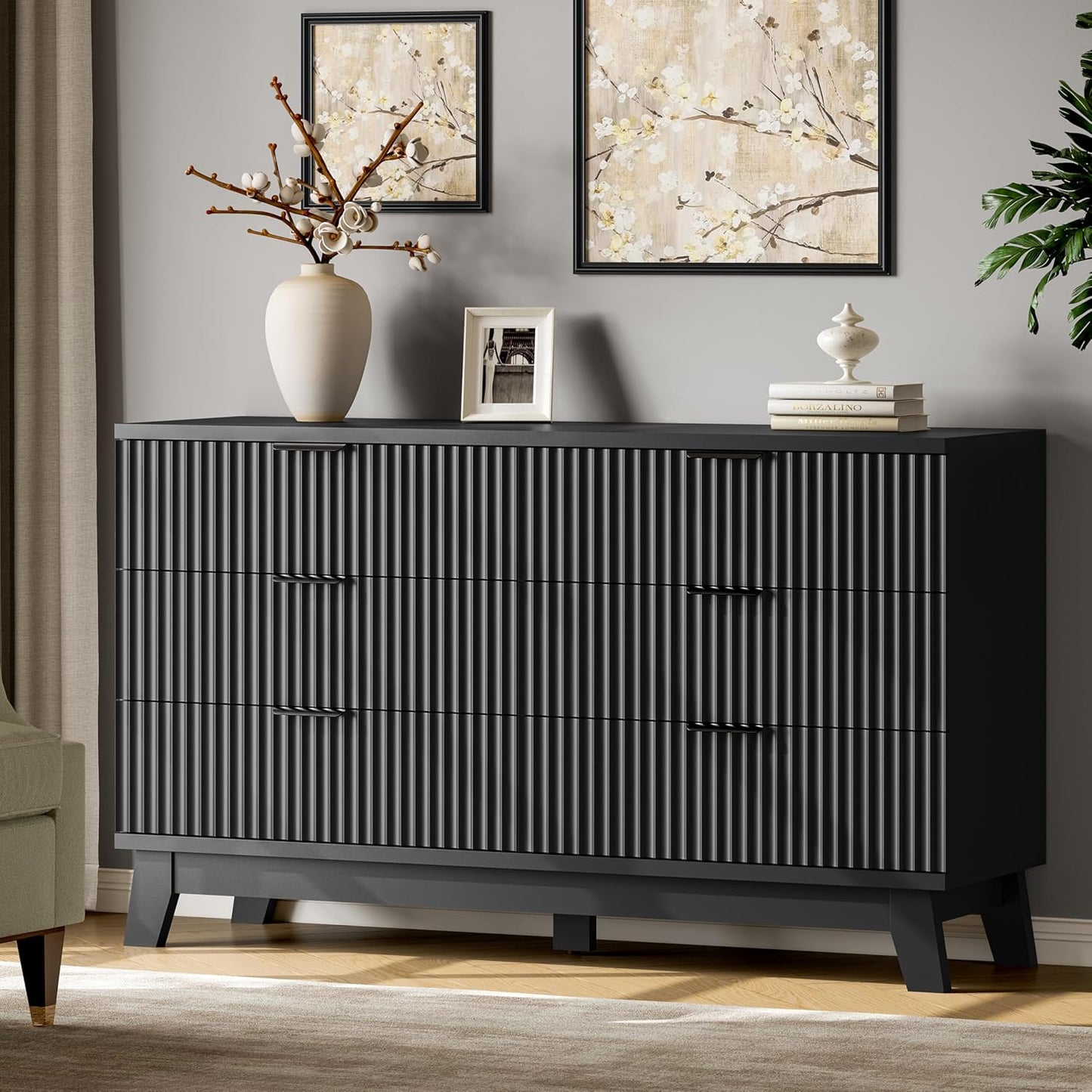 Fluted Dresser with 6 Drawers, 54" Wide Modern Chest of Drawers with Metal Handle, Wooden Dresser TV Stand, Wood Closet Clothes Storage Organizer for Bedroom, Living Room, Hallway, Solid Black