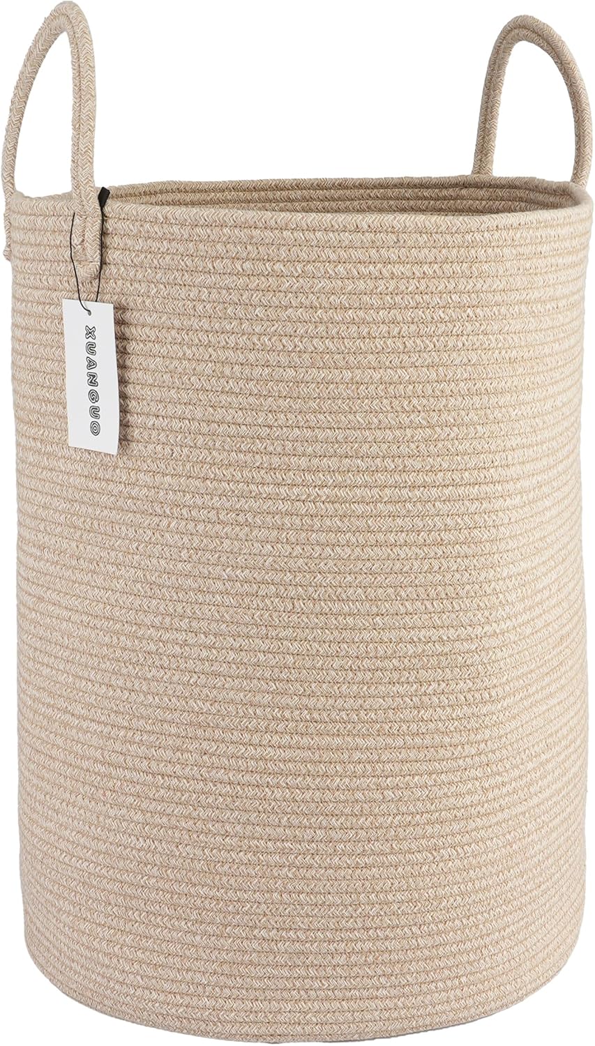 Cotton Rope Laundry Basket Hamper for Clothes Woven Storage Basket for Living Room Bedroom Boho Tall Rope Baskets for Blanket Toys Pillow Towels Baby Nursery Hamper Bin Large oatmeal