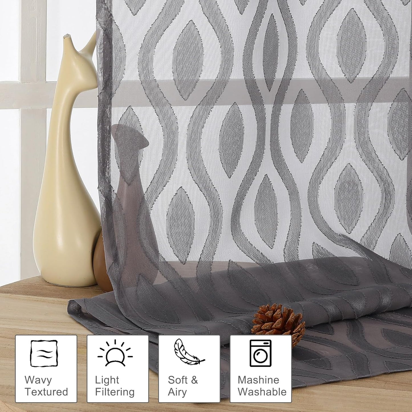 Aiyufeng Extra Long Grey Sheer Curtains 96 Inches Long for Bedroom 2 Panels Set, Farmhouse Wavy Line Light Filtering Clip Jacquard Solid Voile Living Room Curtains, Dual Rod Pocket, 40" Wx96 L Inches