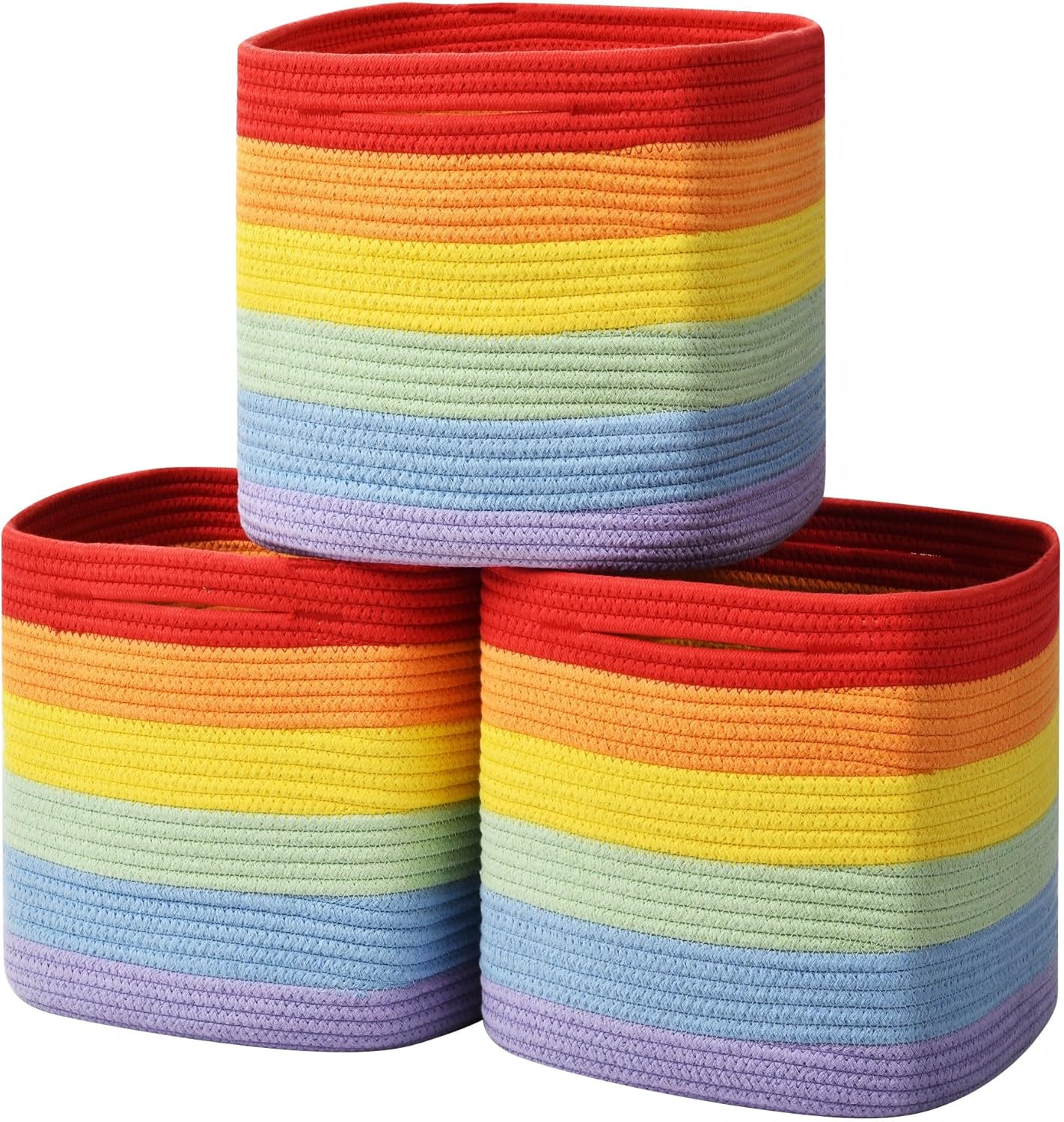 3 Pack Storage Cubes 11 Inch Cotton Rope Woven Baskets for Organizing Cube Bin Square Shelves Organizer,Classroom,Kids Toy Bins,Closet,Baby Nursery(Rainbow)