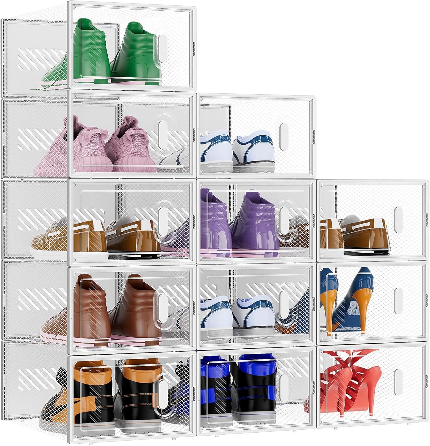 BALEINE 12 Pack Stackable Shoe Storage Boxes Fit Size 11, Thickened Clear Shoe Box Bins with Lids, Plastic Foldable Organizer Sneaker Storage Containers (X-Large, White)