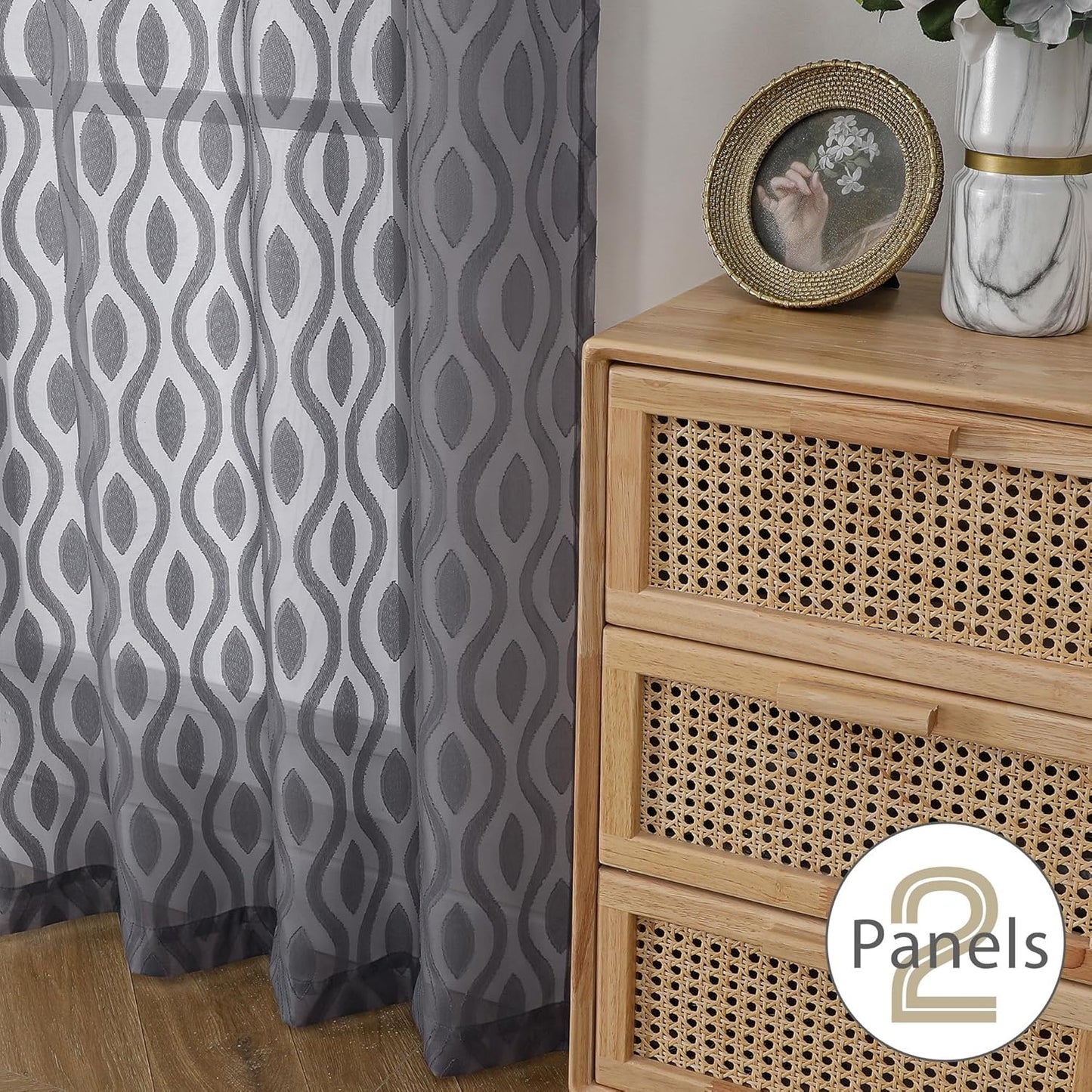 Aiyufeng Grey Sheer Curtains 45 Inch Length 2 Panels Set, Farmhouse Clip Jacquard Textured Short Curtains, Lightweight Chic Wavy Line Window Curtains Drapes for Bedroom, 40" Wx45 L Inches