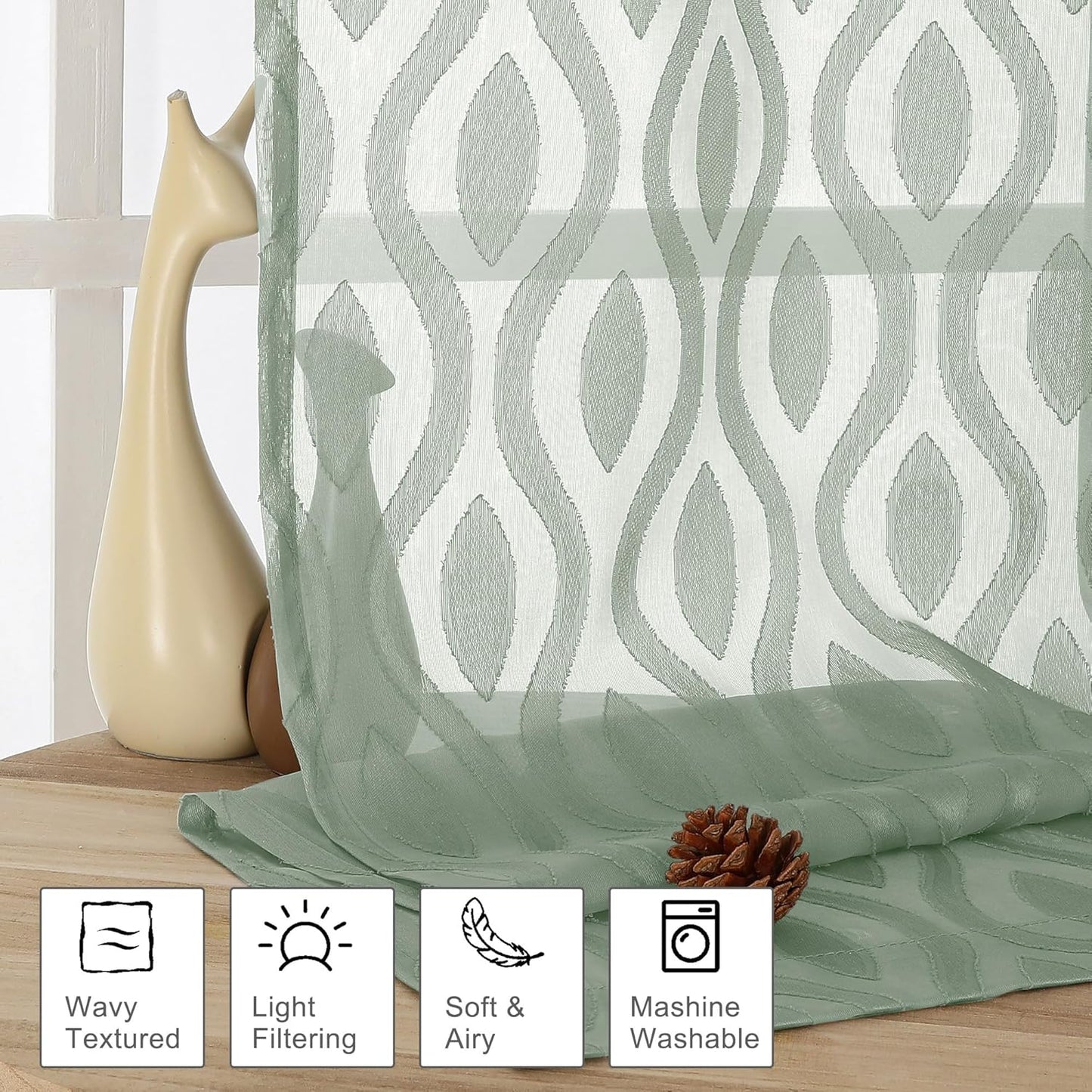 Aiyufeng Sheer Curtains 96 Inches Long for Bedroom and Living Room, 2 Panels, Farmhouse Wavy Line Light Filtering Clip Jacquard Solid, Rod Pocket, Sage Green, 40"Wx96"L