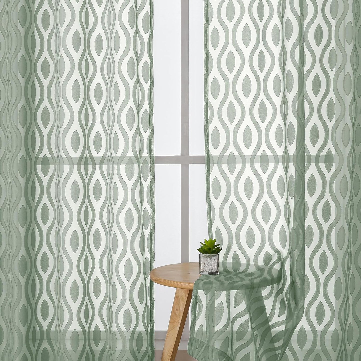 Aiyufeng Sheer Curtains 96 Inches Long for Bedroom and Living Room, 2 Panels, Farmhouse Wavy Line Light Filtering Clip Jacquard Solid, Rod Pocket, Sage Green, 40"Wx96"L