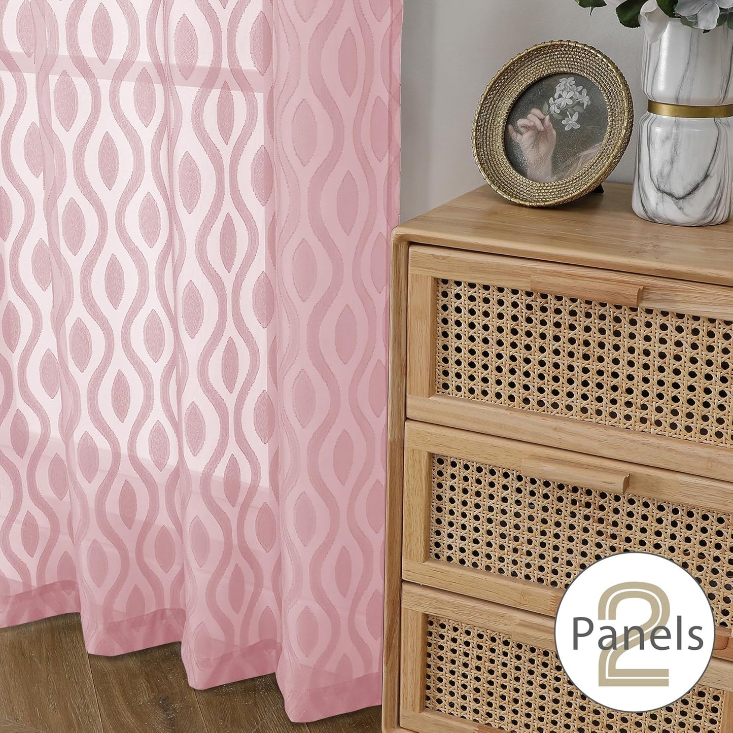 Aiyufeng Pink Curtains Kitchen 14 Inch Length, Clip Jacquard Chic Wavy Line Blush Valances for Windows, Lightweight Airy Rod Pocket Short Curtains for Bathroom Basement, 2 PCS, 40" Wx14 L Inches