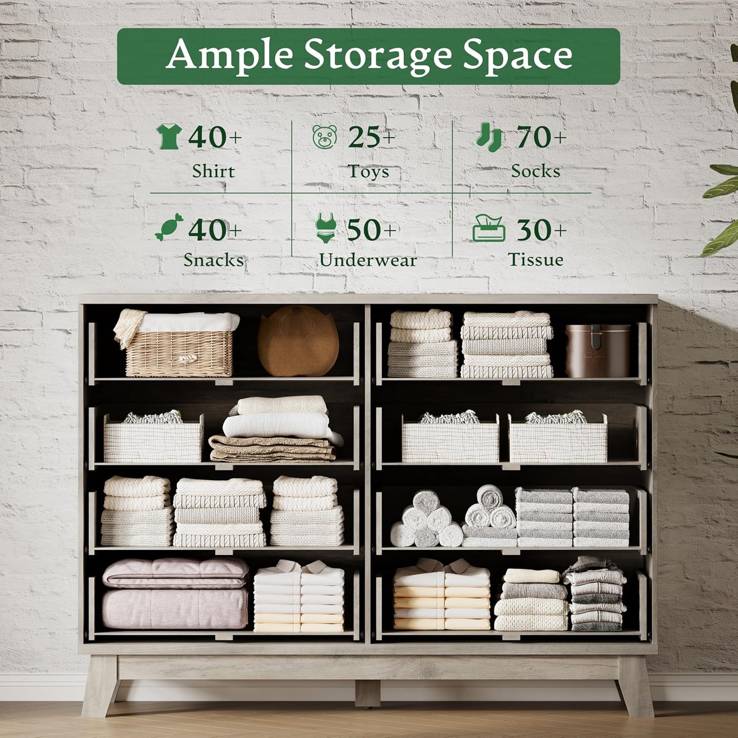 Fluted Dresser with 8 Drawers, 54" Wide Wood Chest of Drawers with Metal Handle, Wooden Dresser TV Stand, Modern Closet Clothes Storage Organizer for Bedroom, Living Room, Hallway, Light Grey