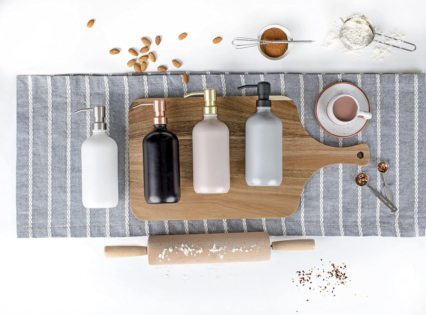 Emerson Essentials Thick Glass Soap Bottle Dispensers, 2 Pack, Non Rust Stainless Steel Pumps Hand Set for Bathroom Kitchen Sink, Shampoo Lotion Liquid Jars, 16 Oz, with 4 Waterproof Labels – White