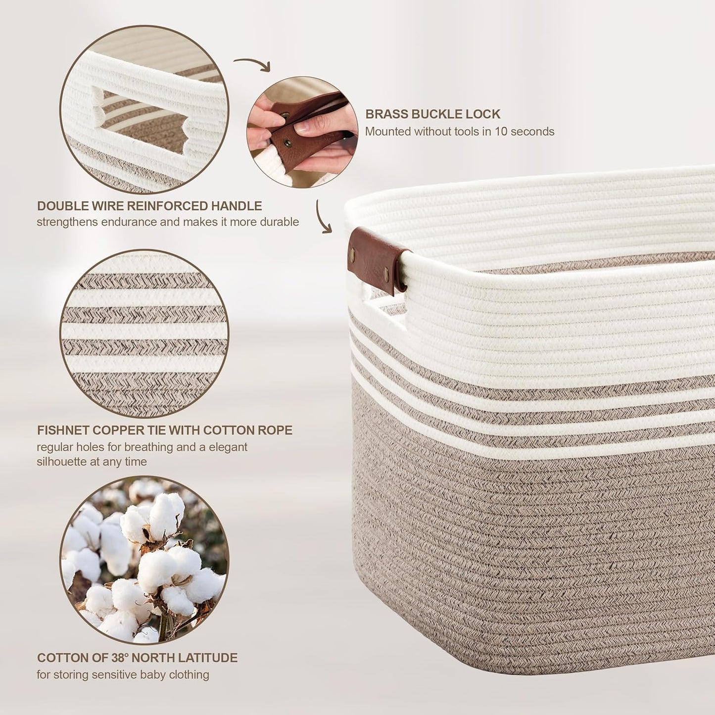 60L Large Laundry Basket with Leather Handles for Living Room Storage, Woven Rope Baskets Bin for Blanket, Kids Toy, Gifts, Wicker Hamper for Bedroom Dirty Clothes, 21"x15"x11" White Brown