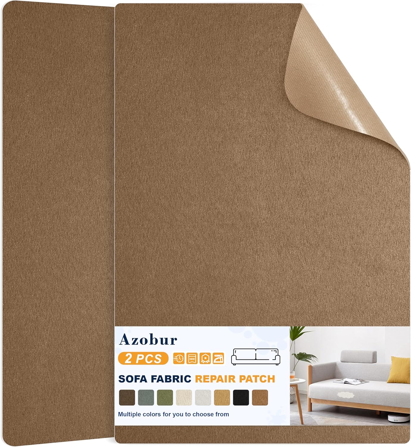 Azobur Couch Patch Repair Fabric,Microfiber Fabric, Self-Adhesive, for Sofa Repair and Upholstery, 2 Pieces, 9.5 x 11 inches (Brown)