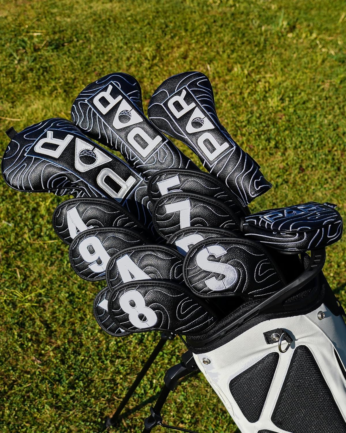 Big Teeth Golf Club Covers Full Set Driver Headcover Fairway Wood Hybrid Golf Club Iron Head Covers, Topographic Edition Putter Cover Leather Golf Head Covers Pure Black, Gifts for Men