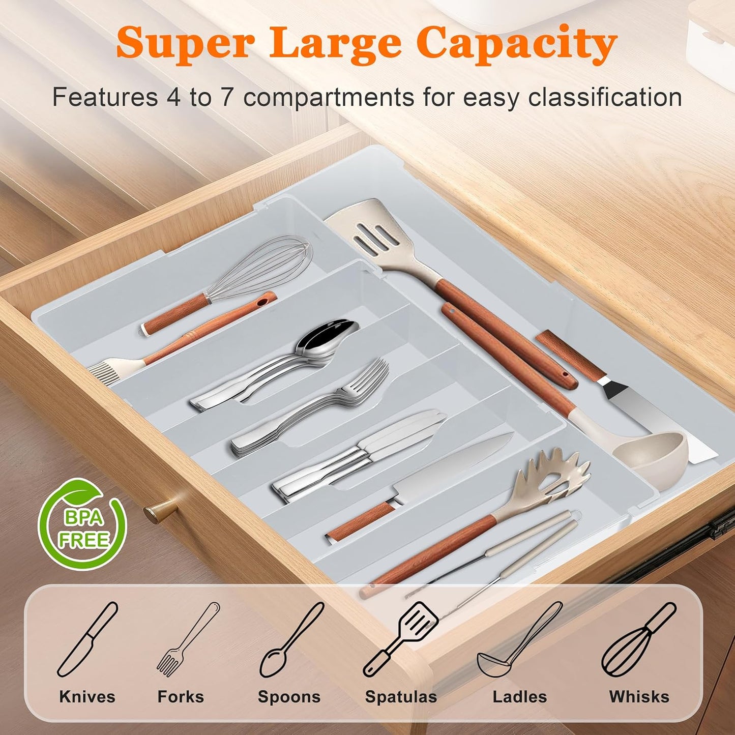 Expandable Large Silverware Organizer - BPA-Free Food-Safe Kitchen Utensil Drawer Organizer, Adjustable 4-7 Deeper Slots Cutlery Tray for Forks Knives, Kitchen Organizers and Storage Solution