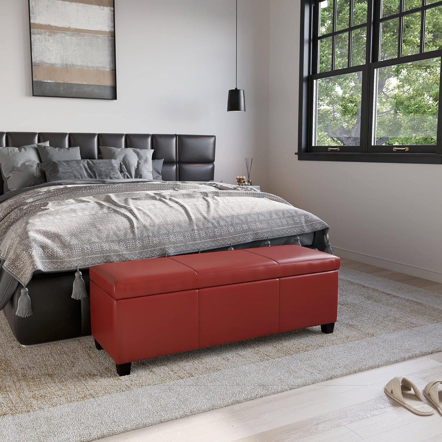 BELLEZE Storage Faux Leather Ottoman, 47 Inch Bench Bedroom Bench with Safety Close Hinge, Extra Long Ottoman with Storage for Living Room, Entryway, Hallway, Foot Rest, Support 300lbs - Red