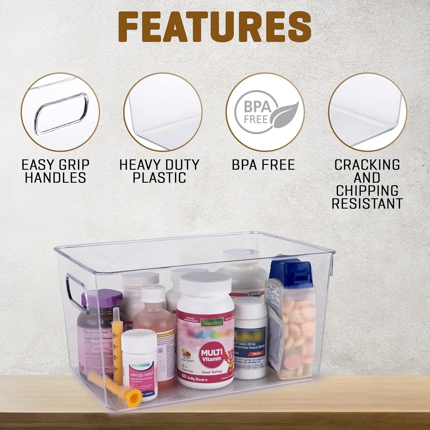 Clear storage organizer bins, Kitchen Cabinet Organizers and Storage Baskets Pantry Fridge Containers for Organizing Cabinet Organization Perfect for, Foods, Snacks, Chips, Vitamin, Spices, Makeup