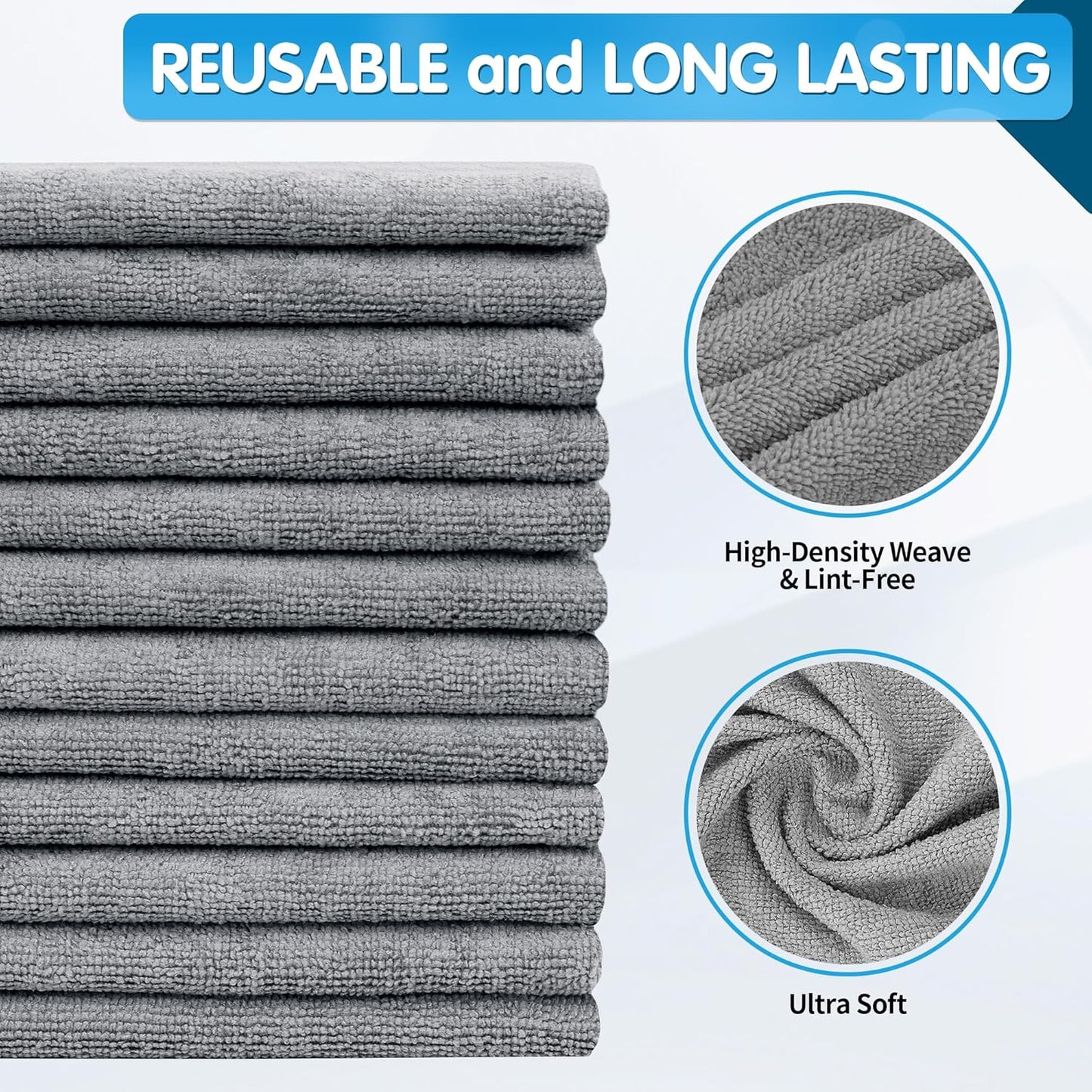 FIXSMITH Grey Microfiber Cleaning Cloth, Pack of 50, 16"X12" Cleaning Rags for Housekeeping and Kitchen, Reusable Shop Towels, Microfiber Towels for Cars, Lint Free, Scratch-Free, Highly Absorbent