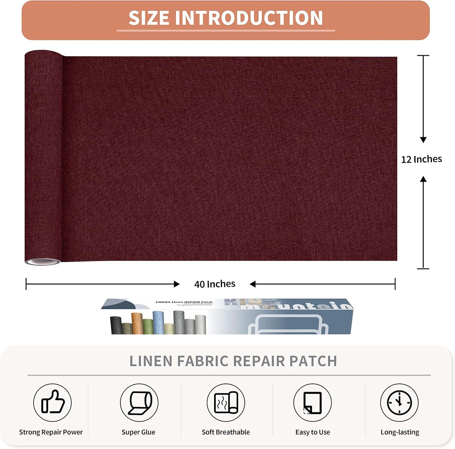 Fine Linen Fabric Patches, Self-Adhesive, Extra Large 12x40 Inch, Multi Color, for Sofa & Clothes Repair (Burgundy)