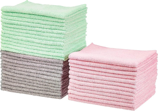 Amazon Basics Microfiber Cleaning Cloths, Non-Abrasive, Reusable and Washable, Pack of 36, Green/Gray/Pink, 16" x 12"