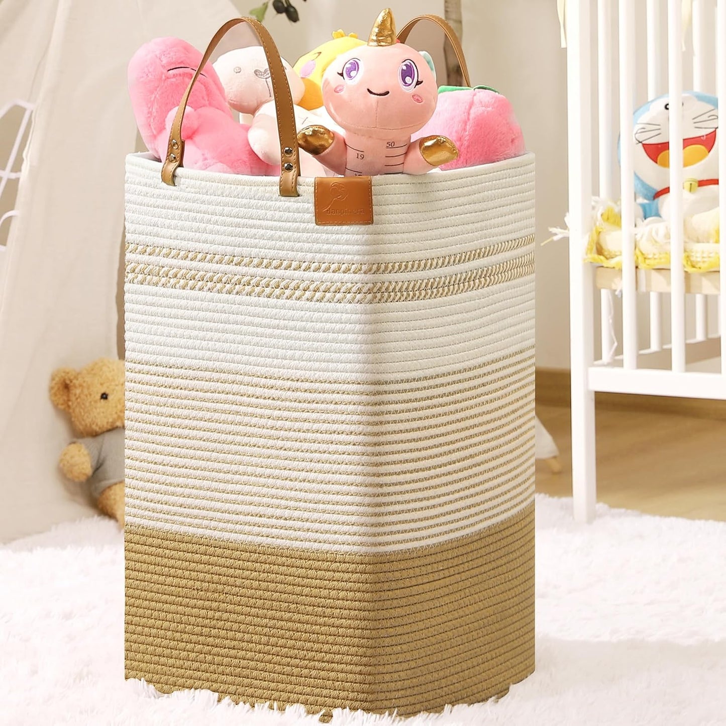 danpinera 100L Nursery Hamper, Tall Woven Laundry Basket with Long Leather Handles, Boho Laundry Hamper for Living Room & Bedroom, Eco-friendly & Convenient Decorative Storage Basket White & Jute