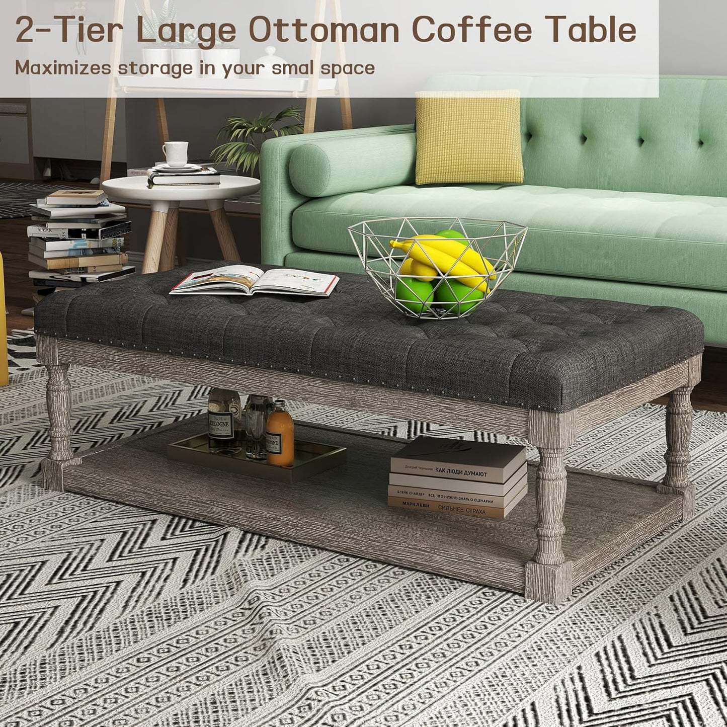 48" Large Ottoman with Storage Coffee Table, Upholstered Tufted Linen Ottoman Bench with Solid Wood Shelf for Living Room, Bedroom, Holds 250lbs (Dark Gray)