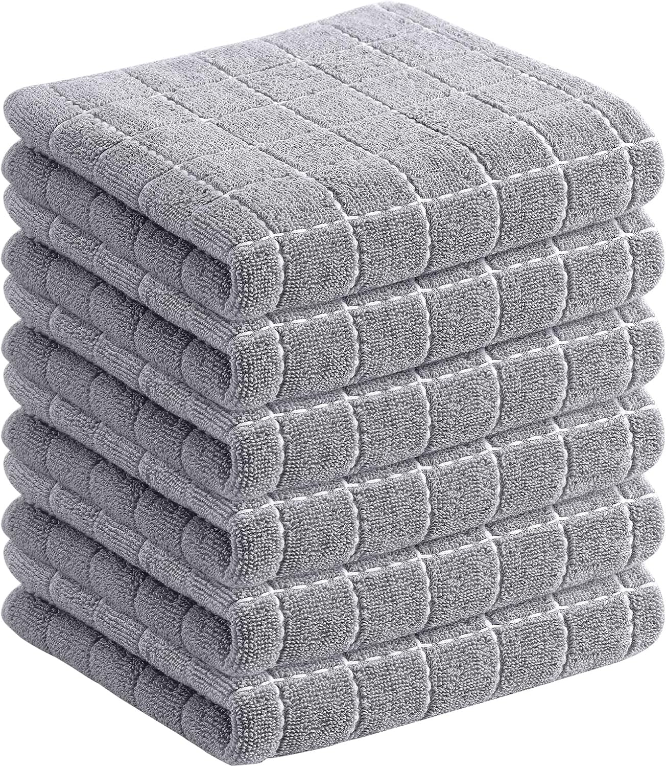 Homaxy 100% Cotton Terry Kitchen Towels(Light Grey, 13 x 28 inches), Checkered Designed, Soft and Super Absorbent Dish Towels, 6 Pack