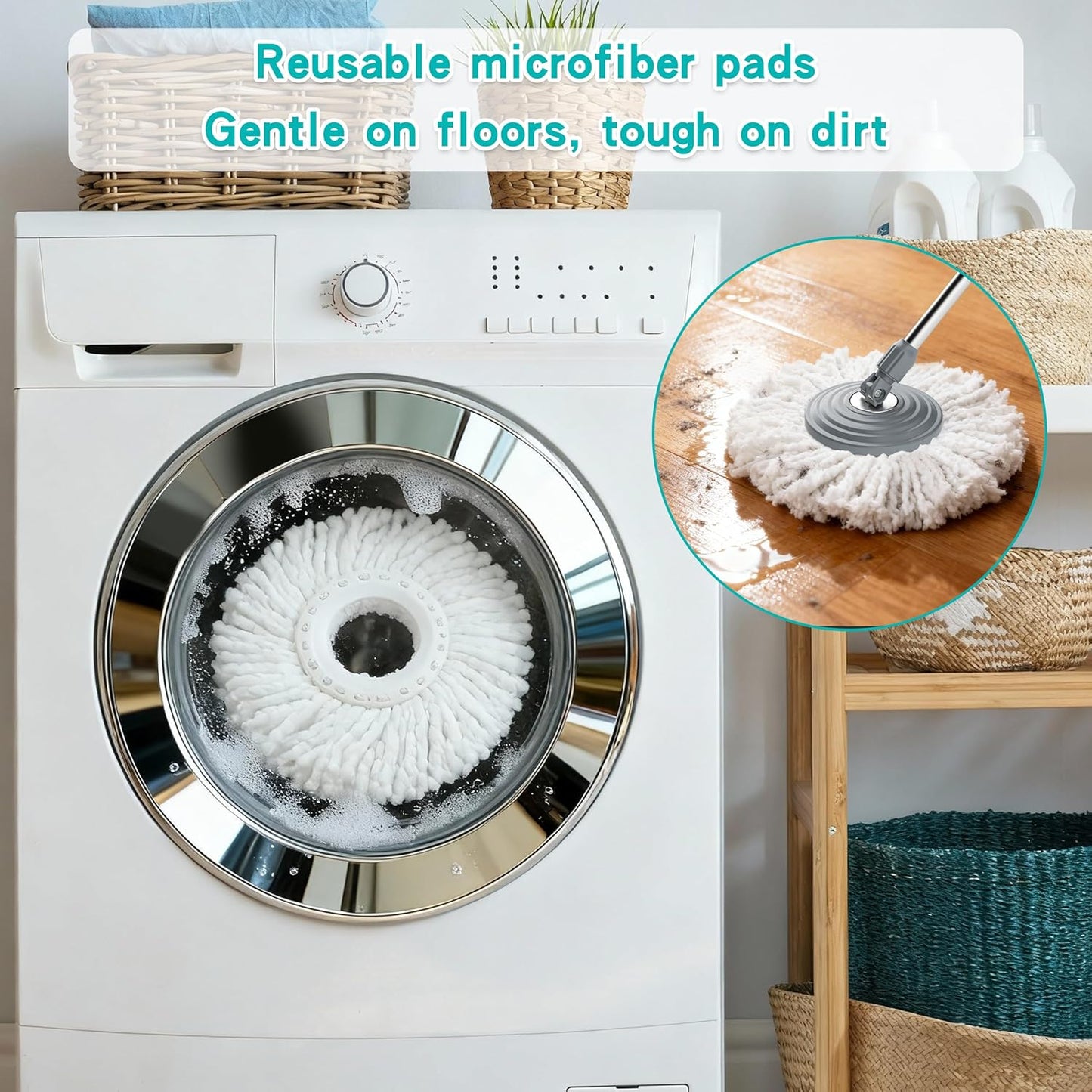 Mop and Bucket with Wringer Set for Home, Spin Mop and Bucket Separate Clean and Dirty Water, Mops for Floor Cleaning with 360°Swivel Wheels & 1 Reusable Microfiber Mop Heads- Blue/Yellow