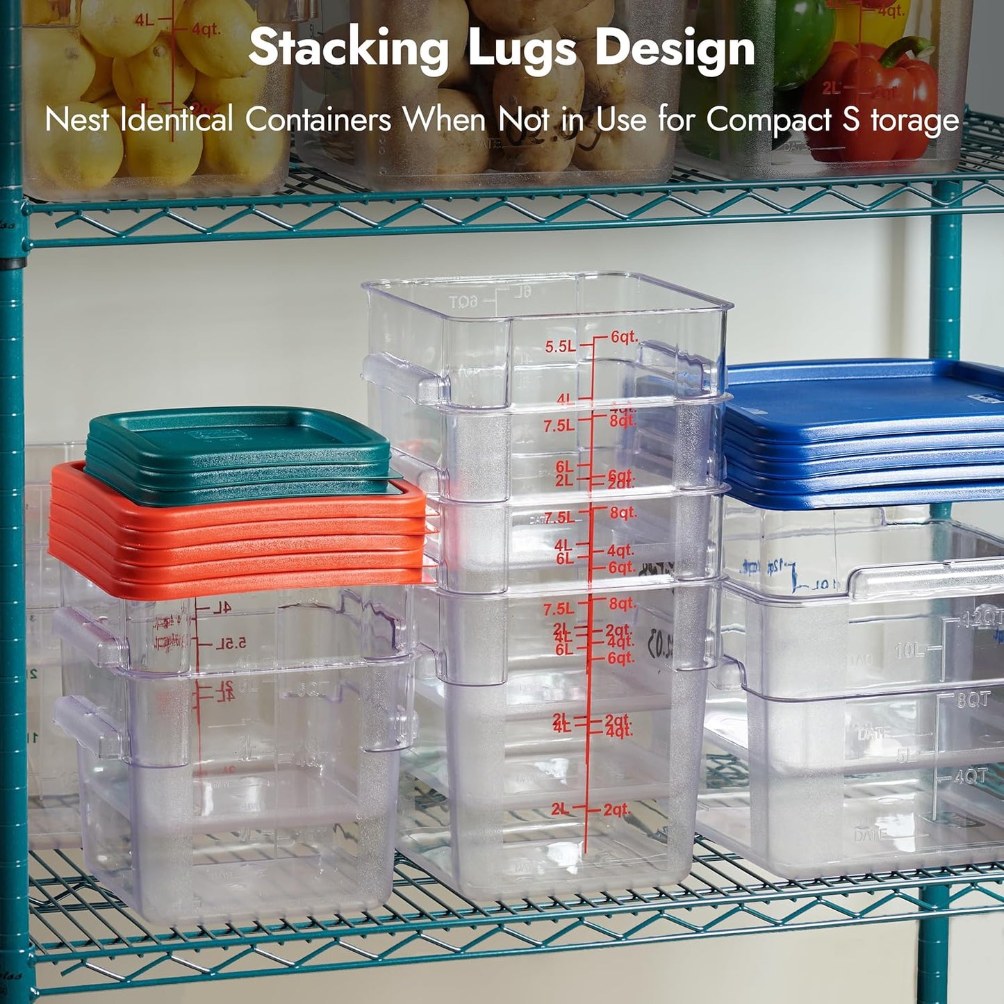 CURTA 4 Pack Food Storage Containers with Blue Lids - NSF Listed Commercial Grade in 12.0 Qt - Square, Clear, Polycarbonate