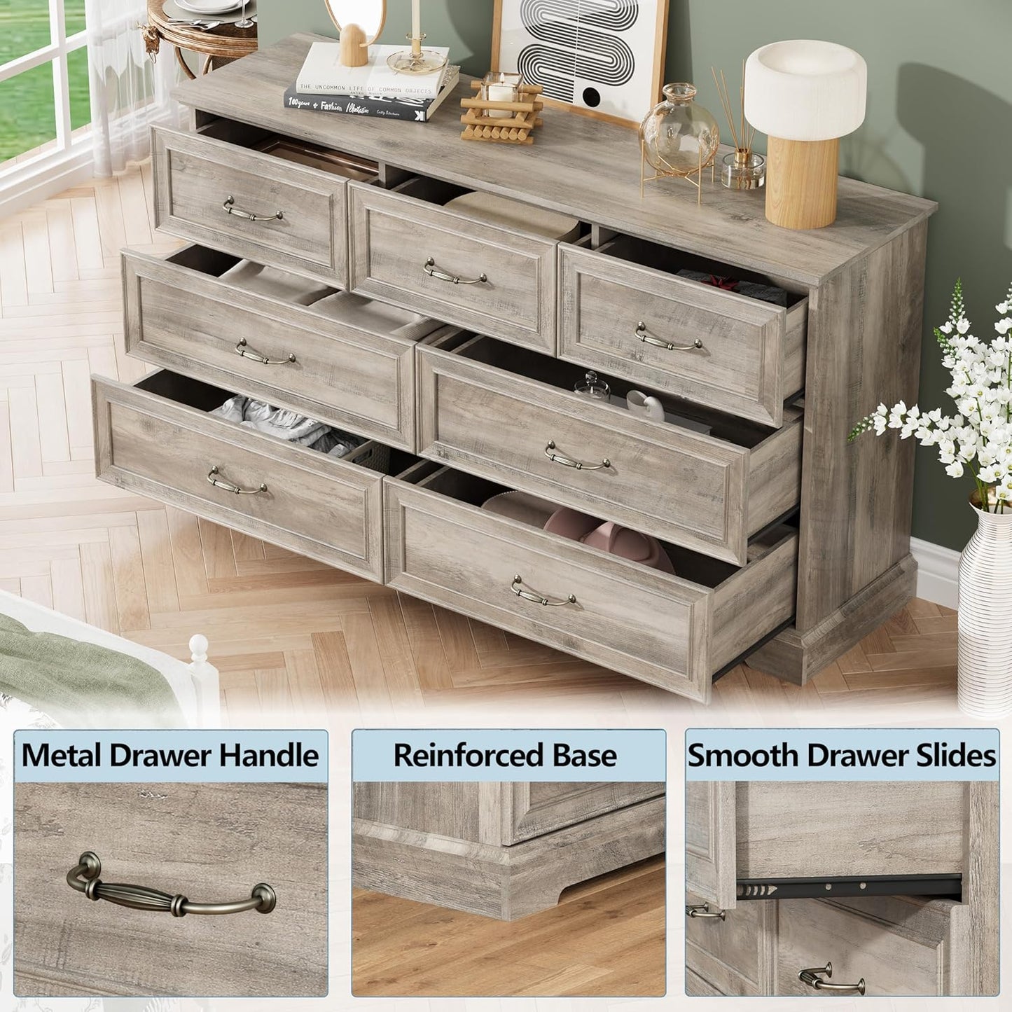 7 Drawer Dresser for Bedroom, 57" Wide Wooden Chest of Drawers, Rustic Farmhouse Dresser with Large Drawers & Metal Handles, Modern Storage Organizer for Closet, Living Room, Hallway, Grey