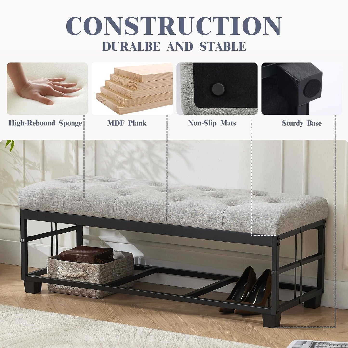 43’’ Storage Ottoman Bench, Linen Entryway Benches Load up to 660 Lb, Modern End of Bed Benches for Bedroom, Ottoman with Storage Bench for Living Room, Light Gray