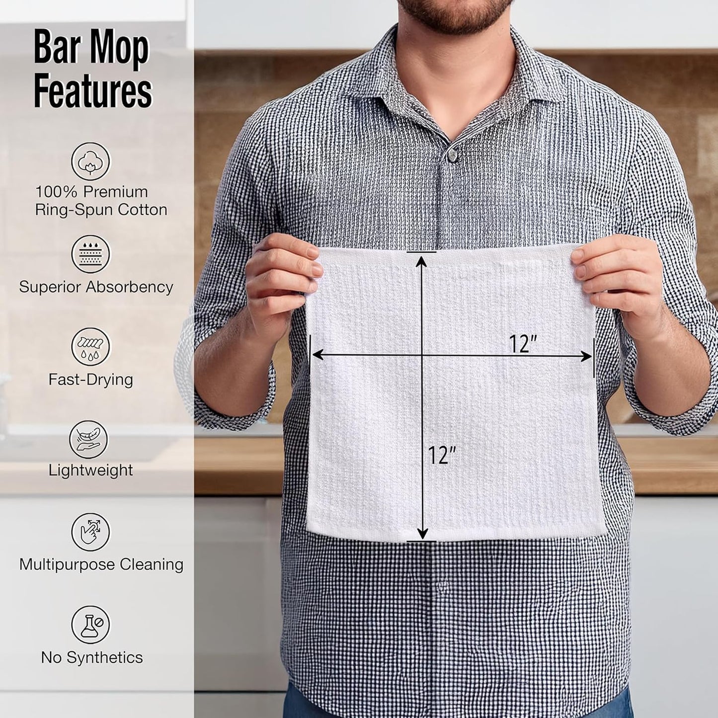 Bar Mop Cleaning Kitchen Dish Cloth Towels 12" x 12", 100% Cotton, Machine Washable, Everyday Kitchen Basic Utility Bar Mop Dishcloth Set of 24, White