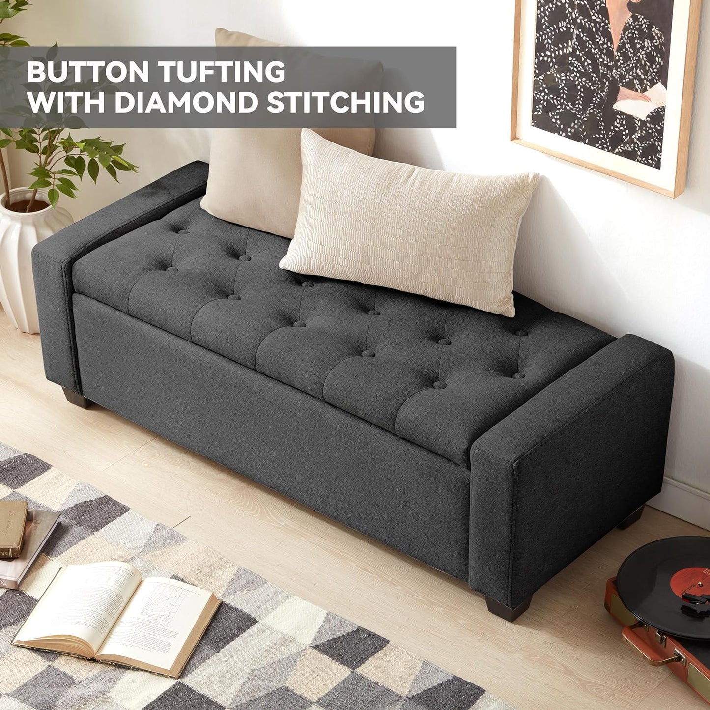 48" Ottoman with Storage, Soft Storage Ottoman Bench for Bedroom, Tufted Upholstered Window Benches, End of Bed Bench for Living Room, Entryway Bench with Seating, Foot Rest, Darkgrey