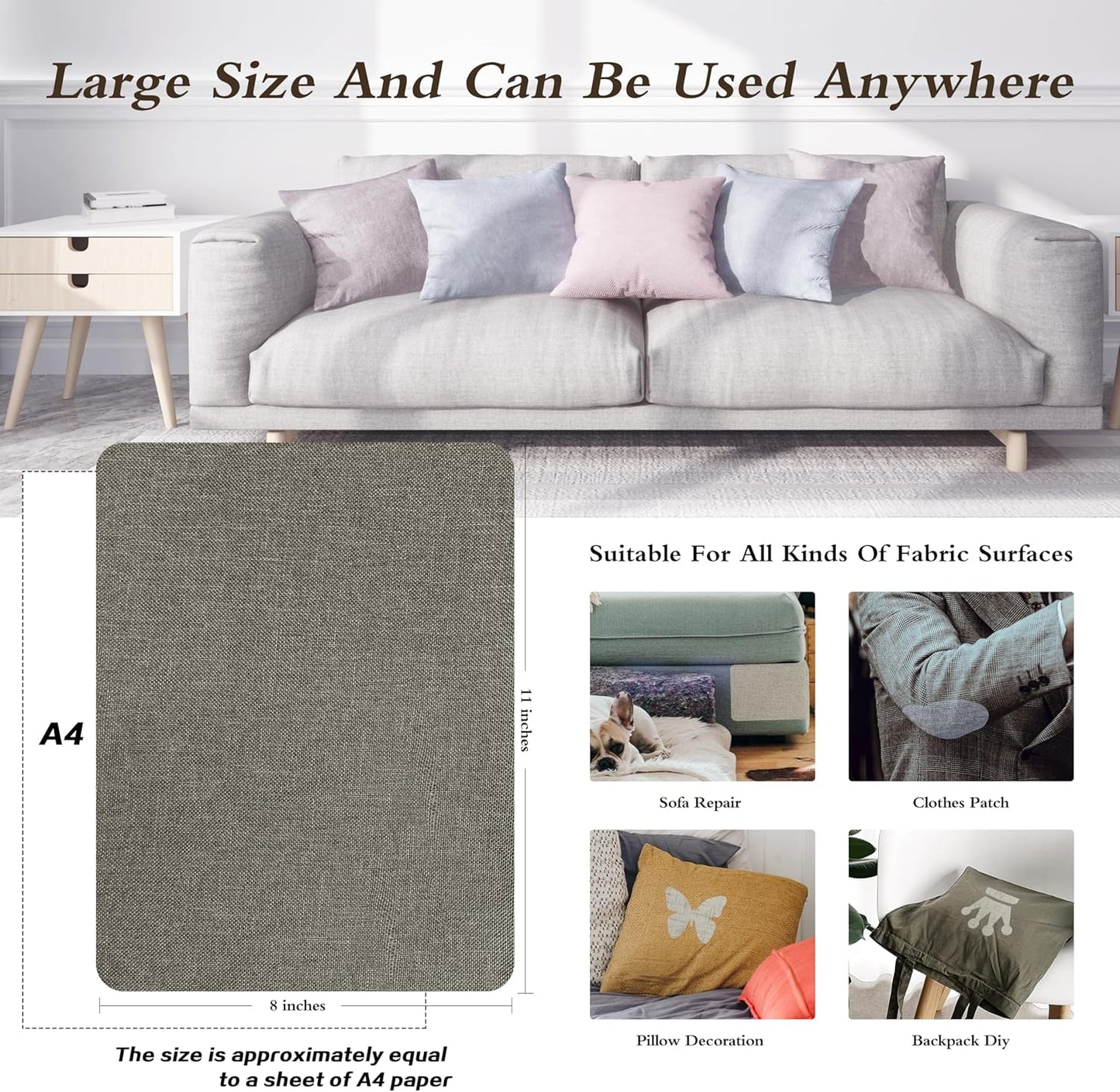 Fine Linen Repair Patches, Self-Adhesive Linen Fabric Patches, 8X11 inch Extra Size, Multi Color, Can be Used for Linen Sofa Repair and Linen Clothes Repair(8" x 11",Cream-Gray)