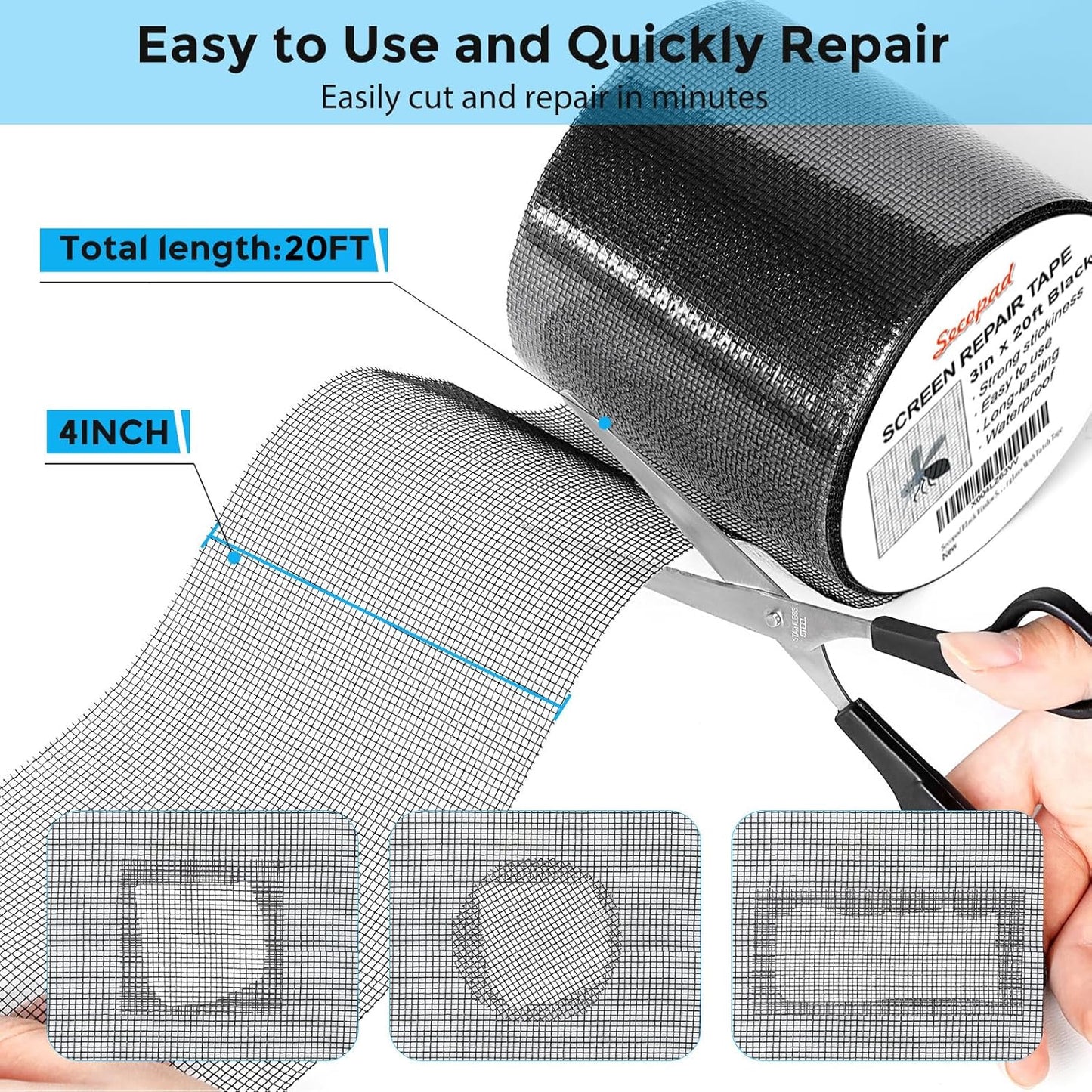Black Window Screen Repair Tape, 3IN x 20FT (240IN) Screen Repair Kit for Windows or Doors, Strong Adhesive Fiberglass Mesh Patch Tape