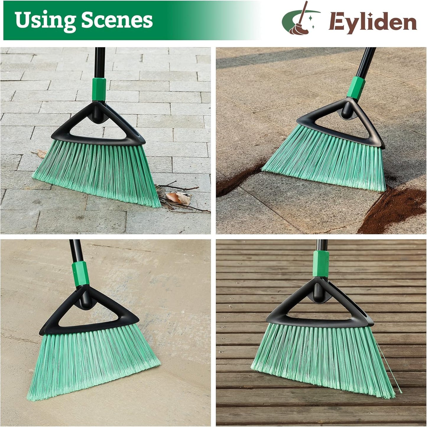 Eyliden Broom, Angle Broom with 57" Long Handle | Fit Heavy-Duty Cleaning, Also Works Well Fine Dust | Commercial Outdoor Indoor Sweeper for Courtyard Sidewalk Deck Kitchen Lobby Garage, Green