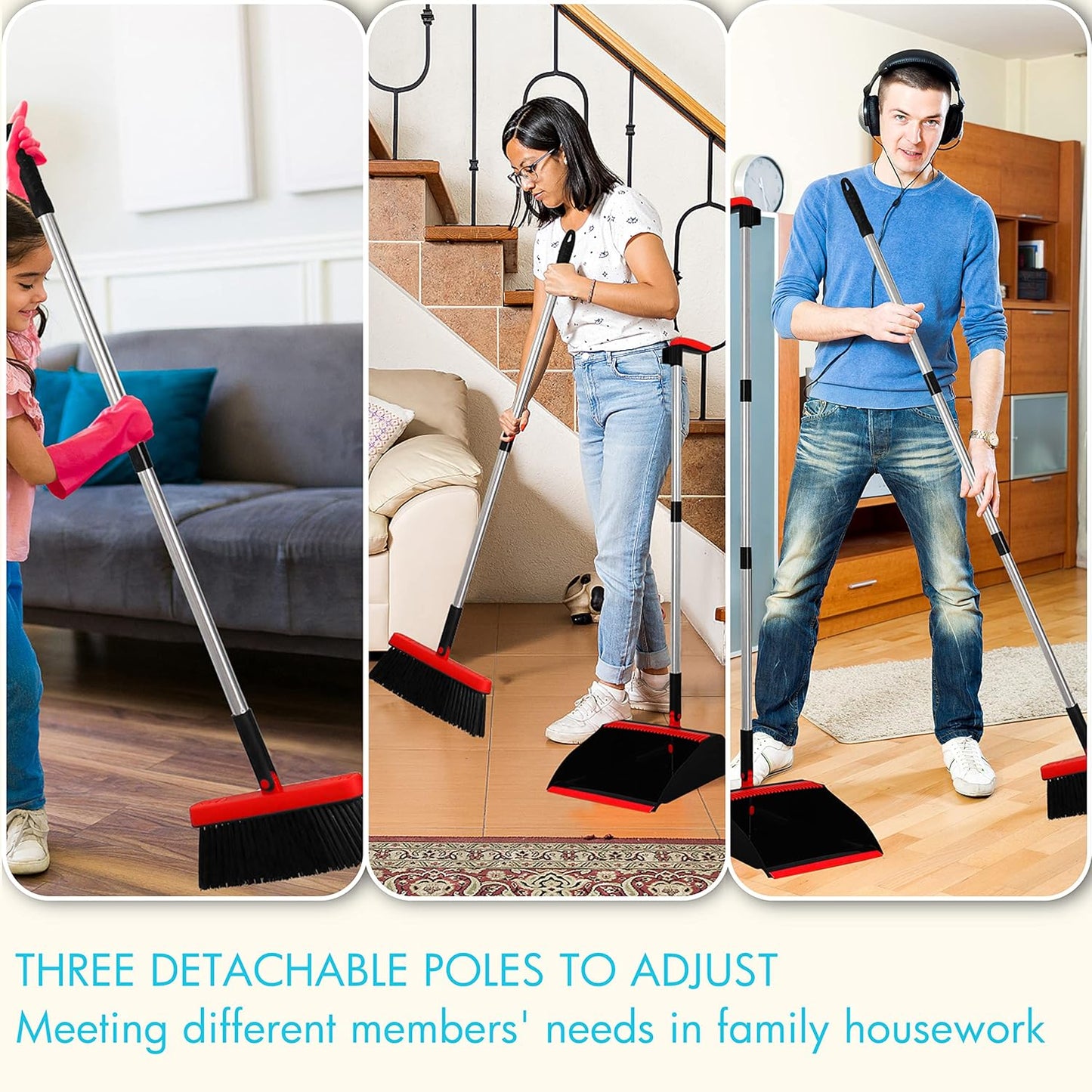 PHYEX 2-Pack Broom and Dustpan Combo Set, with 48" Adjustable Long Stainless Handles, Stand Up Dustpan with Self-Cleaning Teeth, Ideal for Home, Office, Kitchen, Indoor & Outdoor Use, Black