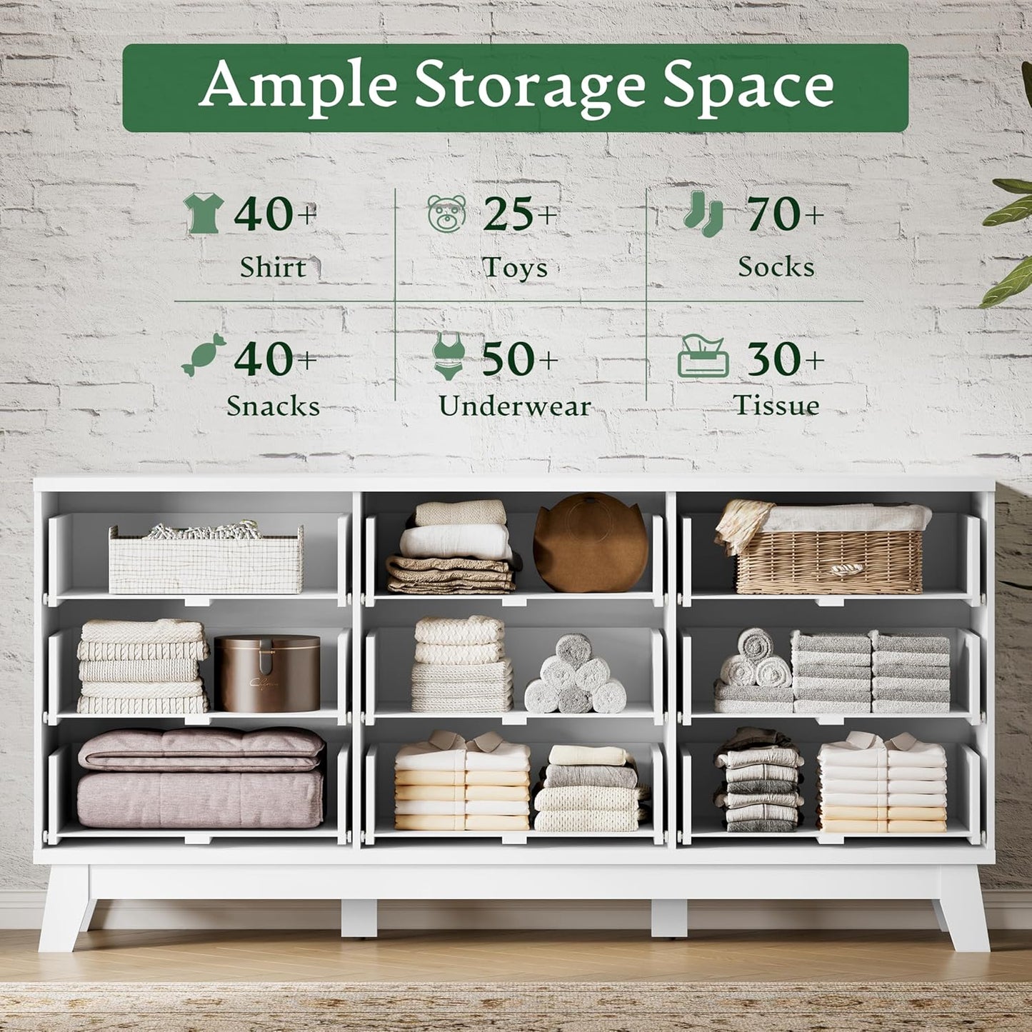 Fluted Dresser with 9 Drawers, 63" Wide Modern Chest of Drawers with Metal Handle, Wooden Dresser TV Stand, Wood Closet Clothes Storage Organizer for Bedroom, Living Room, Hallway, Solid White