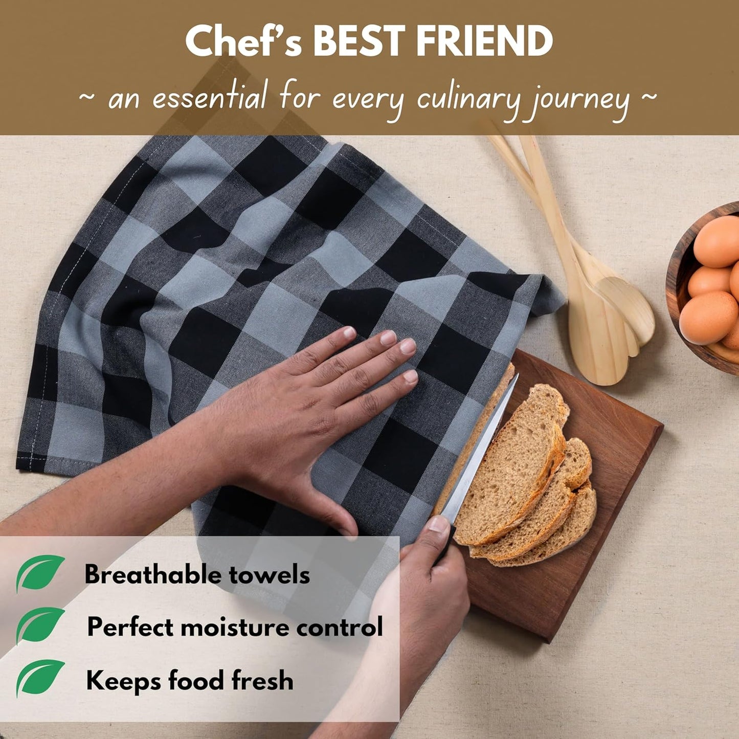 Native Fab 12 Pack Buffalo Check Kitchen Dish Towels, Cotton, Durable, Washable 16"x26" - Tea Towels, Soft Absorbent Cleaning Towel, Hand Towels with Hanging Loop - Black, Grey