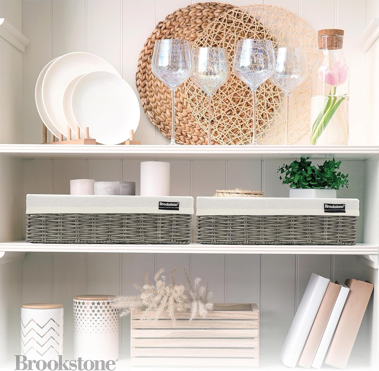 Brookstone Wicker Shelf Storage Basket Decorative Shelf Bin, bathroom organizers and storage, Boho Living Room Decor, Summer Storage 2025-2 Pack
