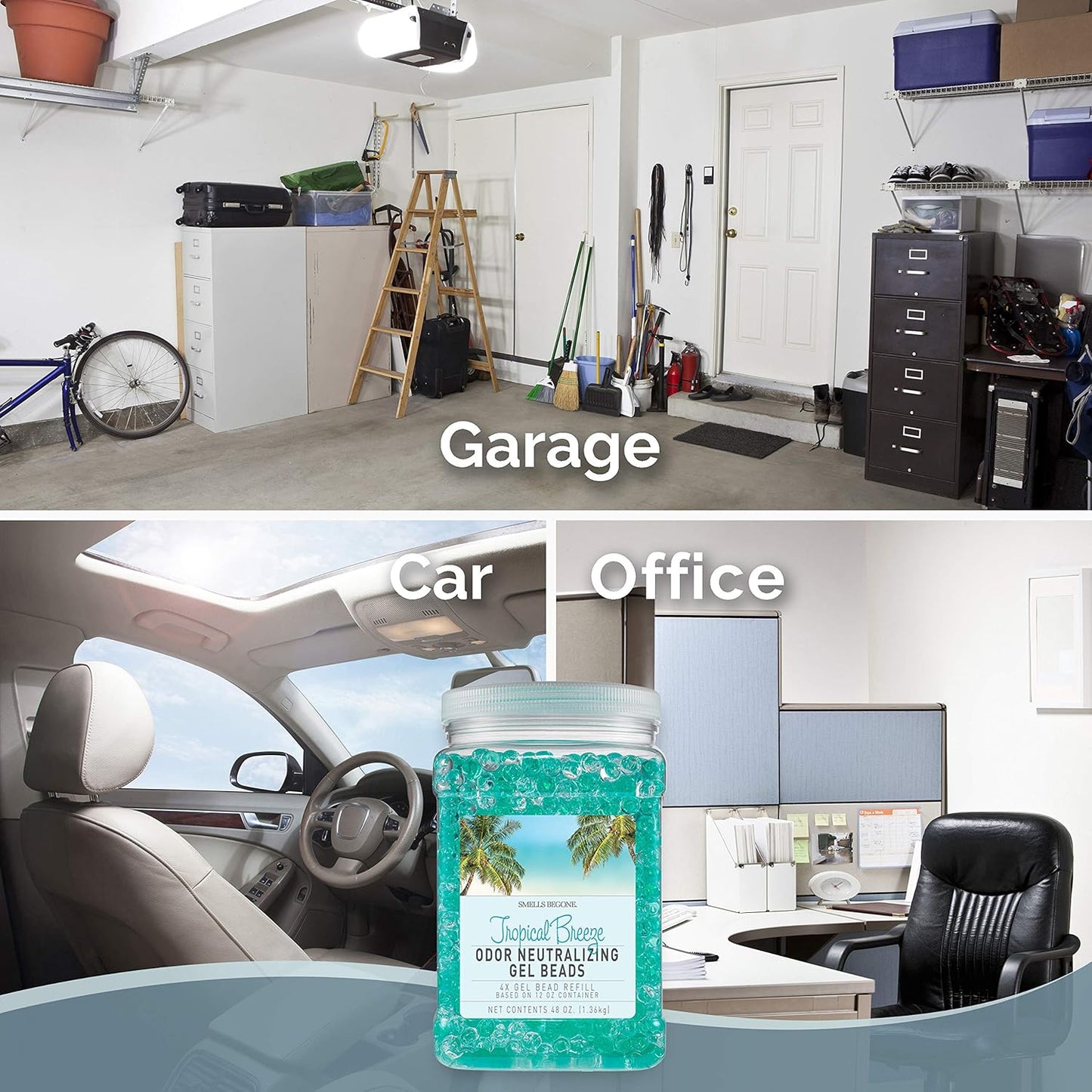 SMELLS BEGONE 48 oz Odor Eliminator Gel Bead Refill - Eliminates Odors in Bathrooms, Cars, Boats, RVs & Pet Areas - Air Freshener - Made with Essential Oils - Tropical Breeze Scent