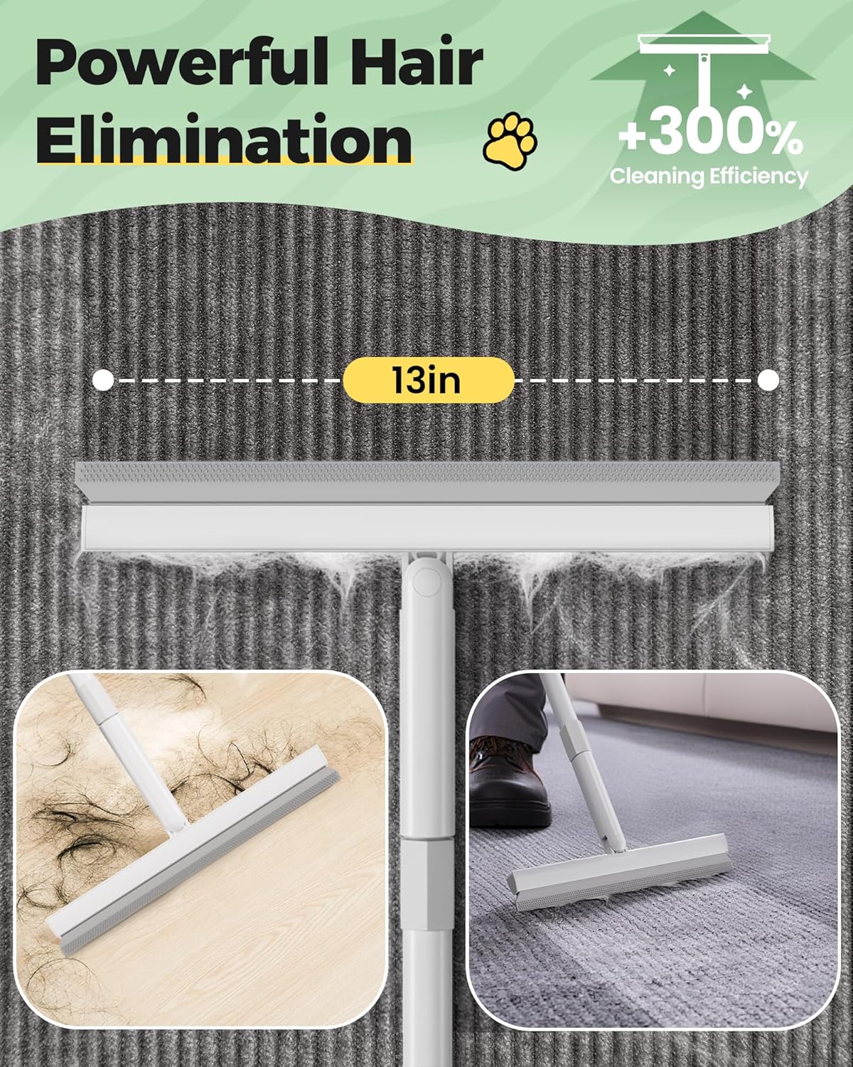 Carpet Rake for Pet Hair Removal Tool - 4 in 1 Pet Hair Remover Kit for Dog Cat Fur Remover, Contain 60" Adjustable Rubber Broom, Glove, Magic Brush and Scraper for Home Furniture, Rugs, Mats