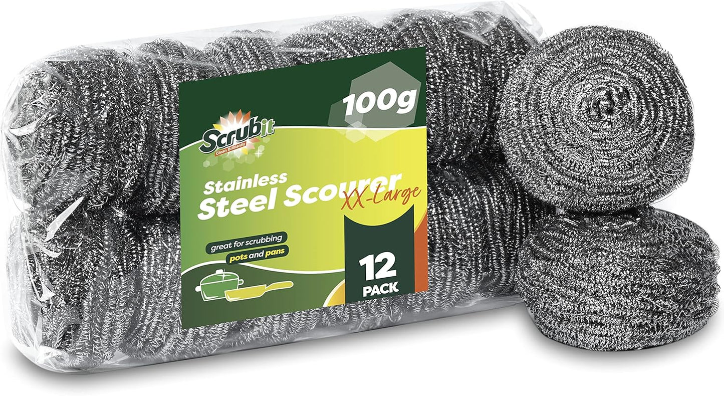12 Pack Stainless Steel Scourers by Scrub It – Steel Wool Scrubber Pad Used for Dishes, Pots, Pans, and Ovens. Easy scouring for Tough Kitchen Cleaning. (XX Large (100 gram))
