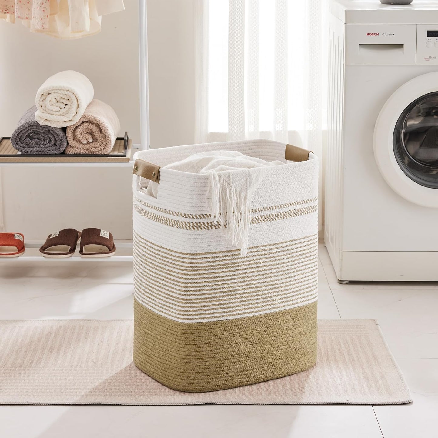 85L Tall Laundry Hamper with Handles for Living Room Storage, Extra Large Woven Rope Baskets Bin for Blanket, Kids Toy, Gifts, Wicker Hamper for Bedroom Dirty Clothes, 17"x14"x22" Khaki