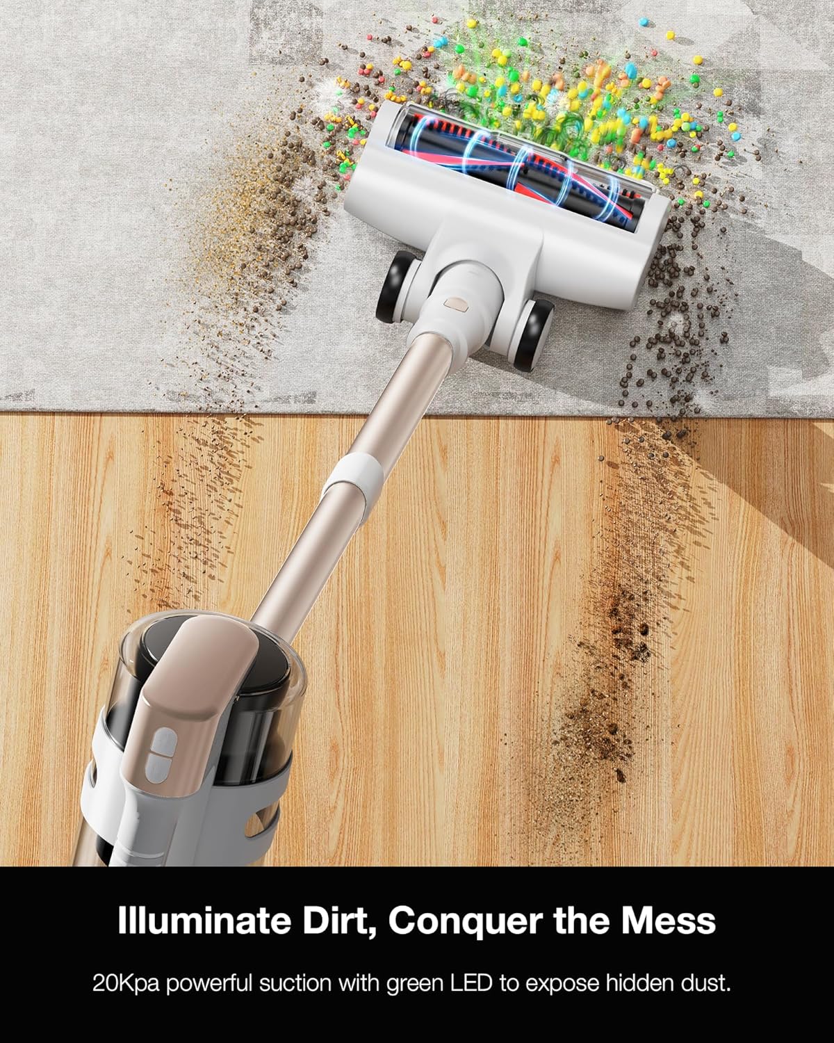 Cordless Stick Vacuum Cleaner for Home, Lightweight Rechargeable Vacuum with 55min Runtime, Powerful Suction, Green LED Headlight, 9-in-1 Pet Hair Carpet & Hardwood Floor Cleaner