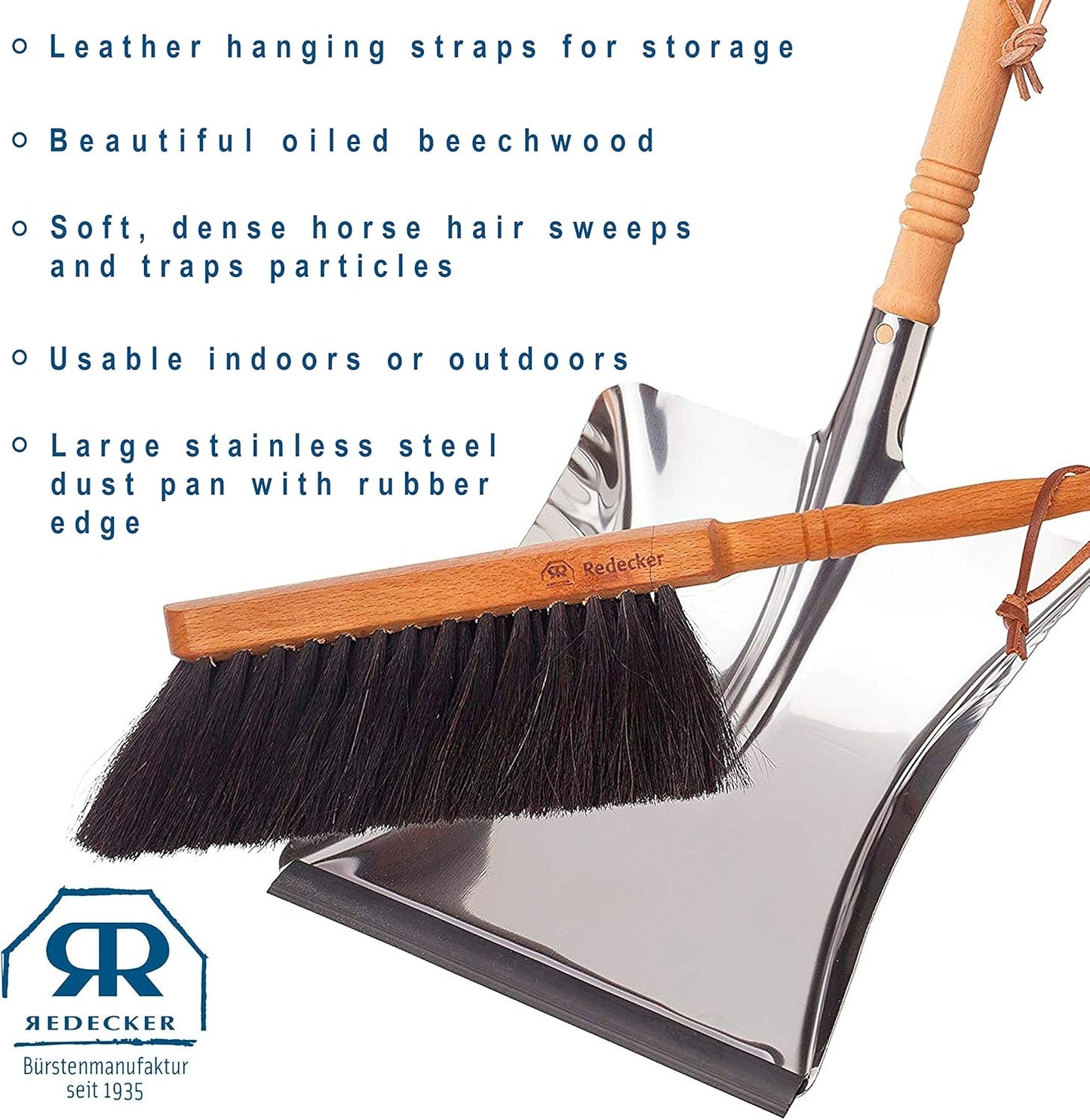 REDECKER Horsehair Fiber Hand Brush and Dust Pan Set - Wooden Broom and Dustpan Set for Home - Outdoor Dust Pan and Brush - Oiled Beechwood Handles - Large Capacity Stainless Steel Dust Pan