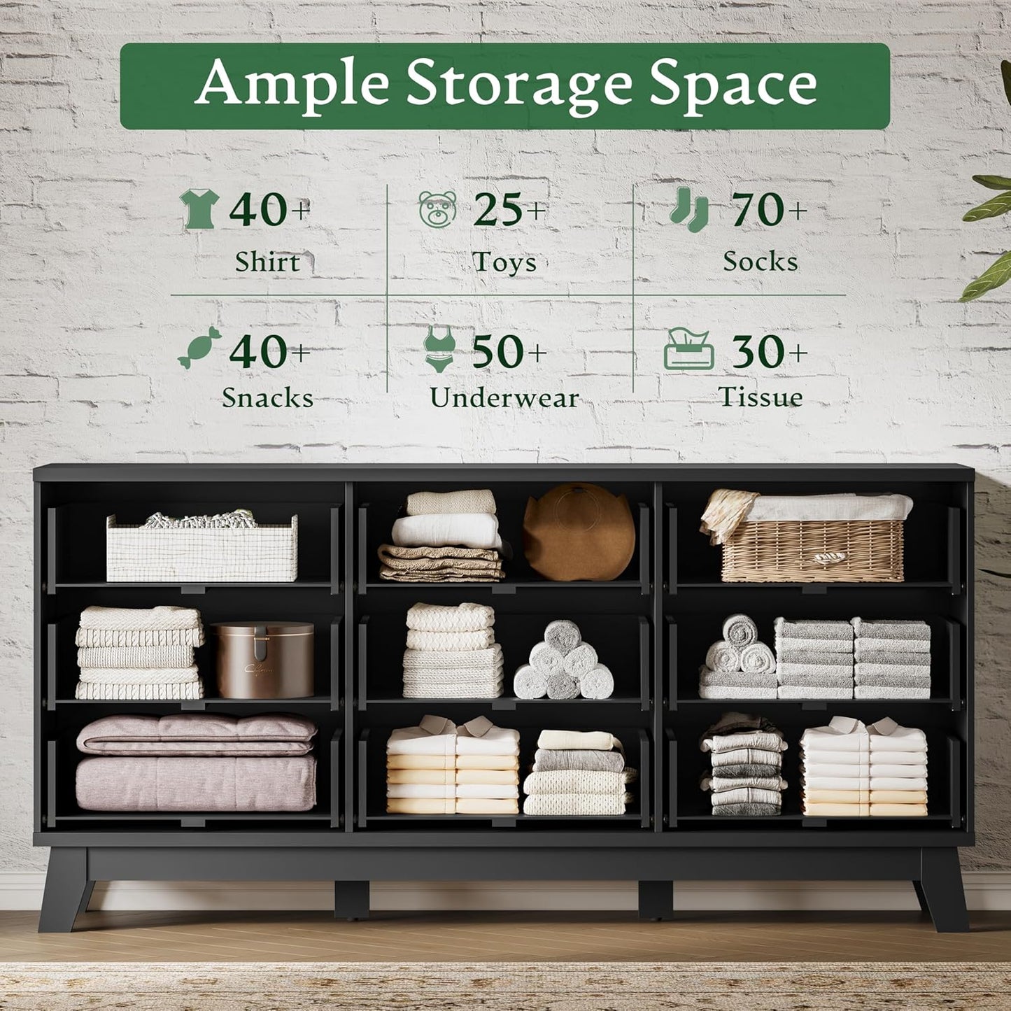 Fluted Dresser with 9 Drawers, 63" Wide Modern Chest of Drawers with Metal Handle, Wooden Dresser TV Stand, Wood Closet Clothes Storage Organizer for Bedroom, Living Room, Hallway, Solid Black