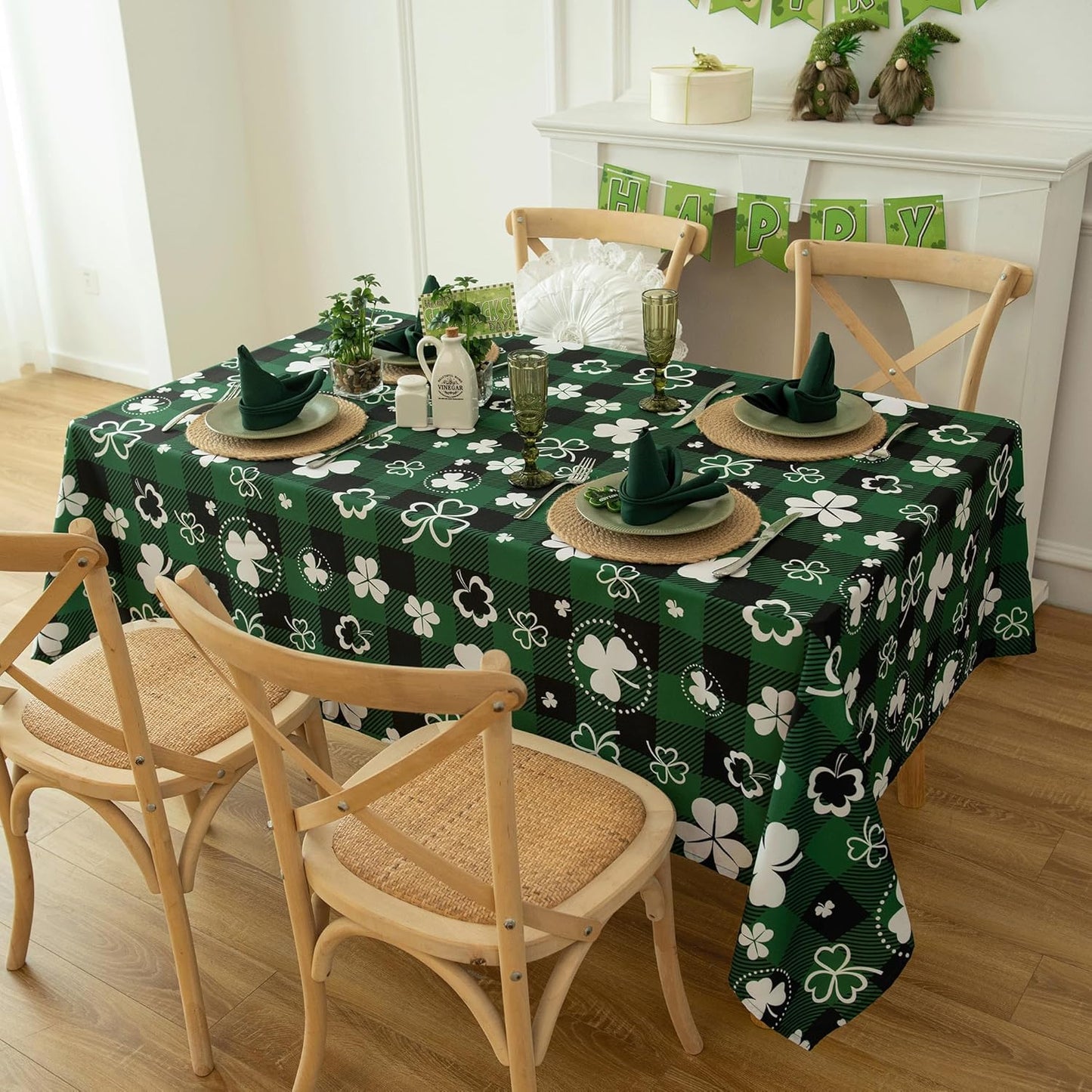 Gingham St Patricks Day Tablecloth Fabric - Oblong 58x120 Water Resistant Irish Plaid Table Cloth for Indoor/Outdoor Use - Lucky Clover Decorations Perfect for Birthday, Picnics, Gardens