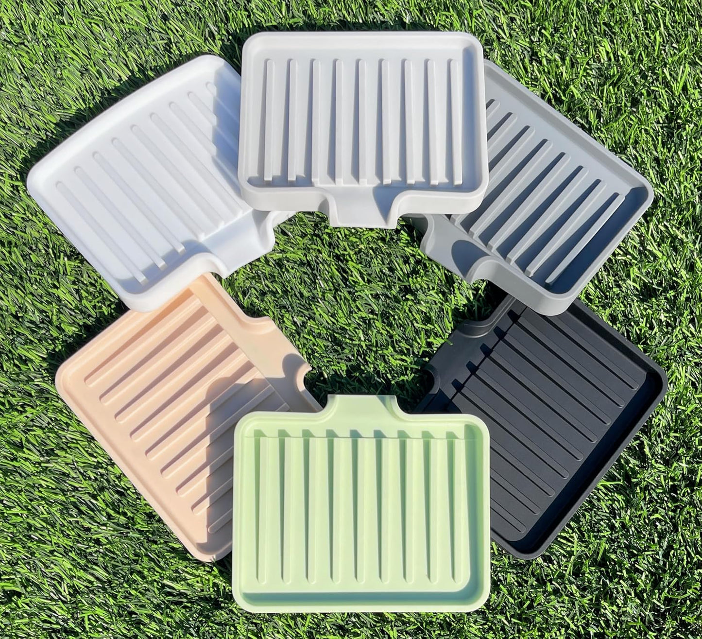 Happitasa Silicone Soap Dish Tray and Sponge Holder with Drain Chute, Pack of 2 | Bathroom and Kitchen Sink Organizer Caddy (Grey, 5.2"x4", 7.2 Ounces)