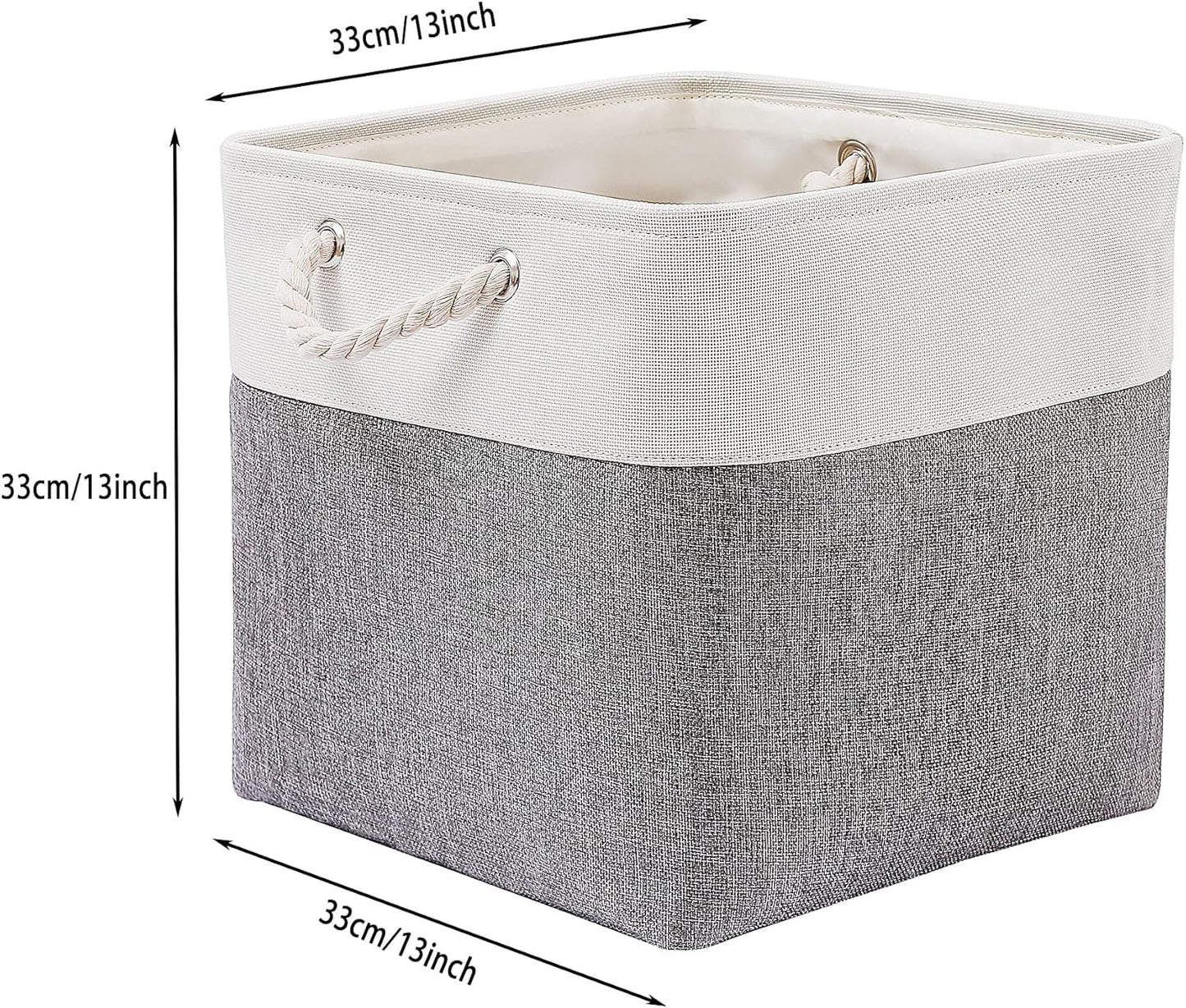 13 x 13 Inch Cube Storage Bins, 4 Pack Large Collapsible Fabric Storage Bin with Ropes, Foldable Storage Cubes for Home, Office,Closet, Clothes, Toys Organizer (White & Grey)